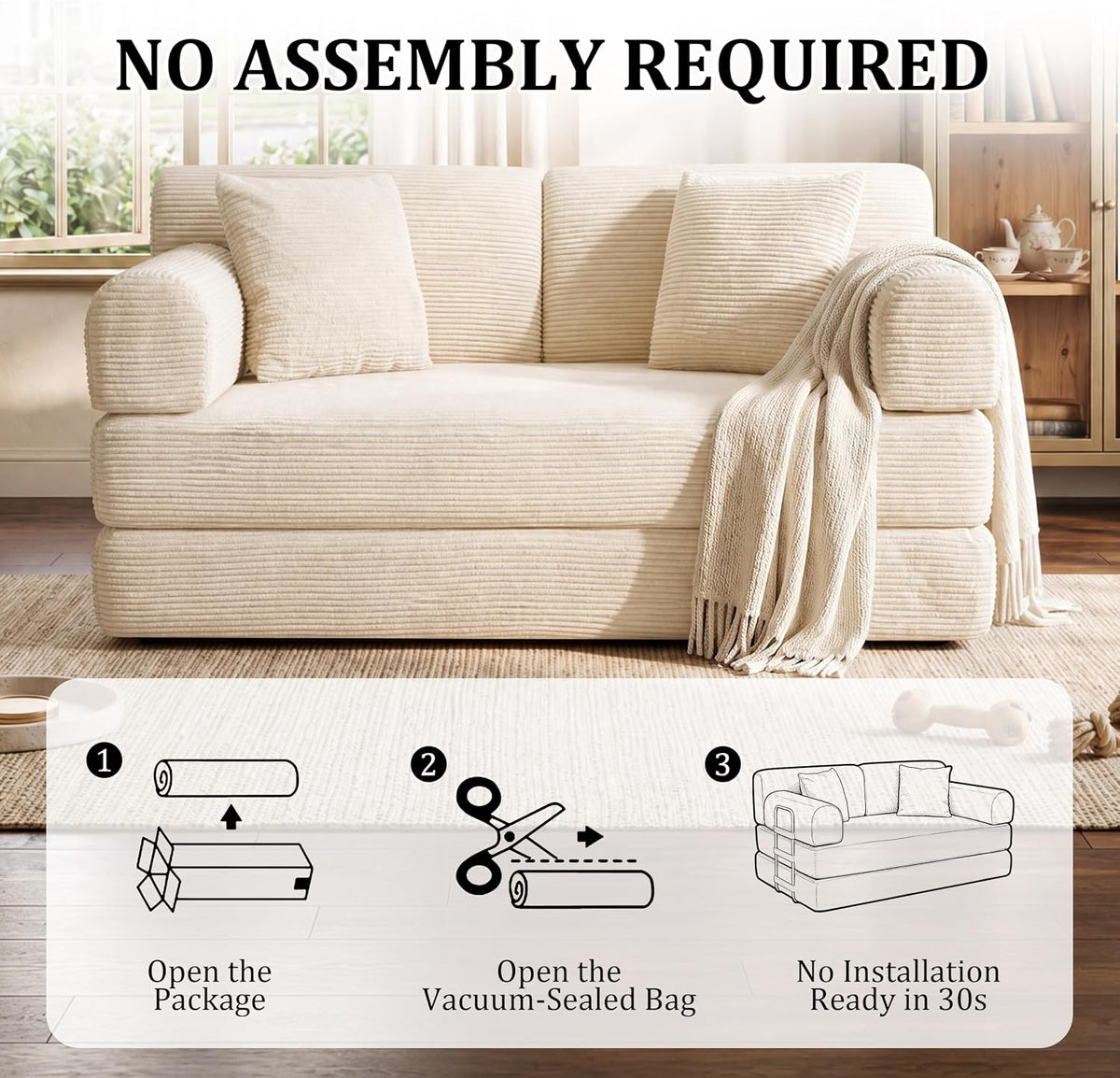Front view of the cream loveseat with overlay graphics showing vacuum-sealed packaging and no assembly instructions