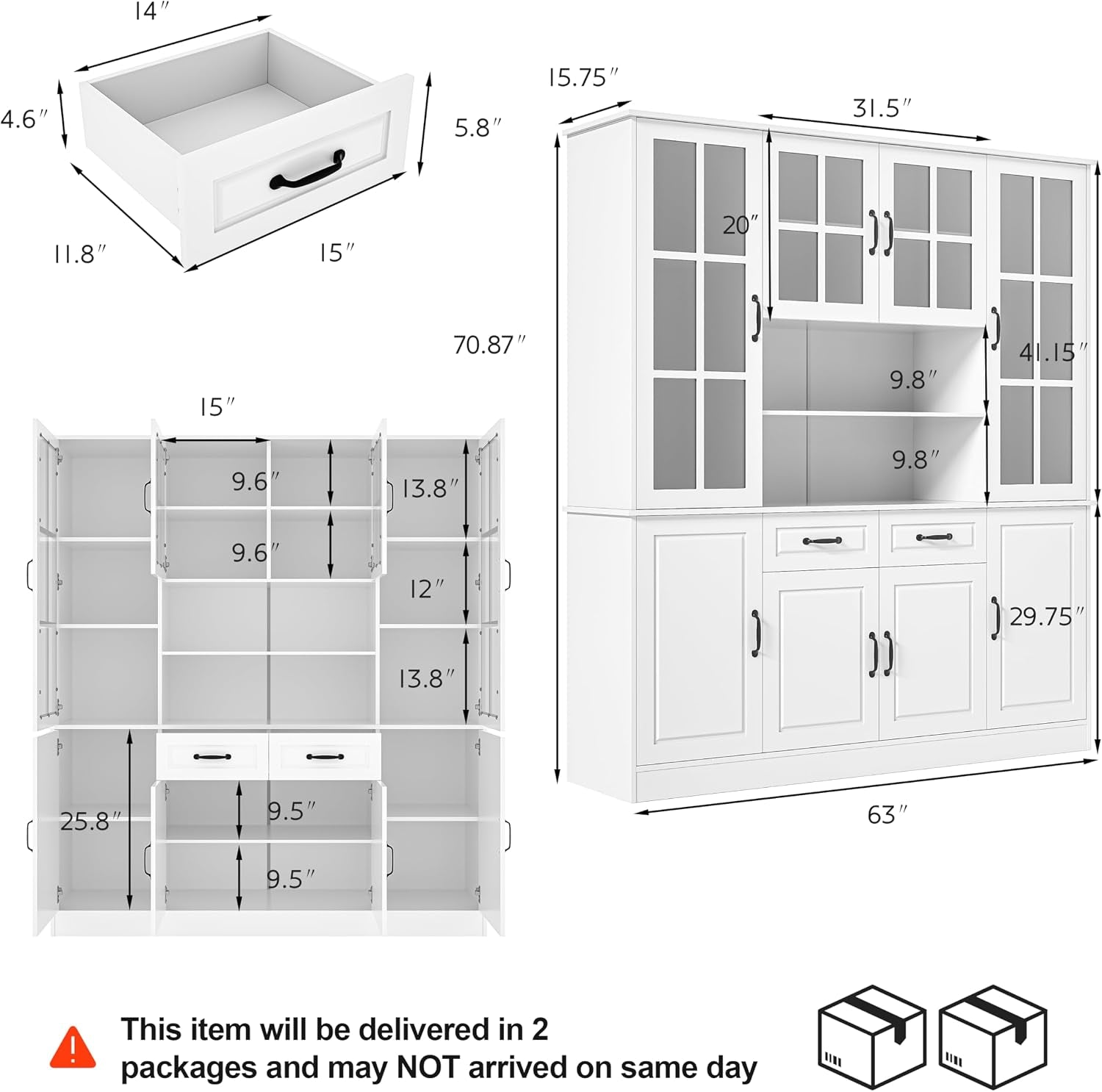 Line drawing with dimensions of the hutch showing overall height, width, depth and drawer measurements