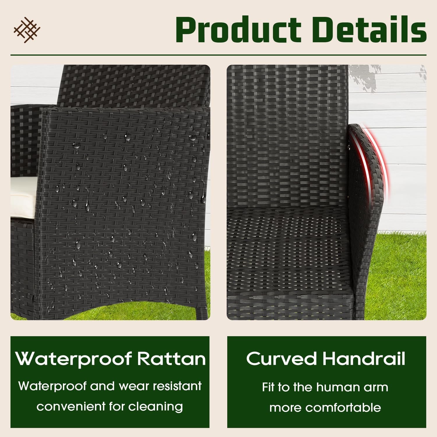 Two close-up panels showing textured rattan: one with water droplets on the arm, one of the woven seat and curved handrail