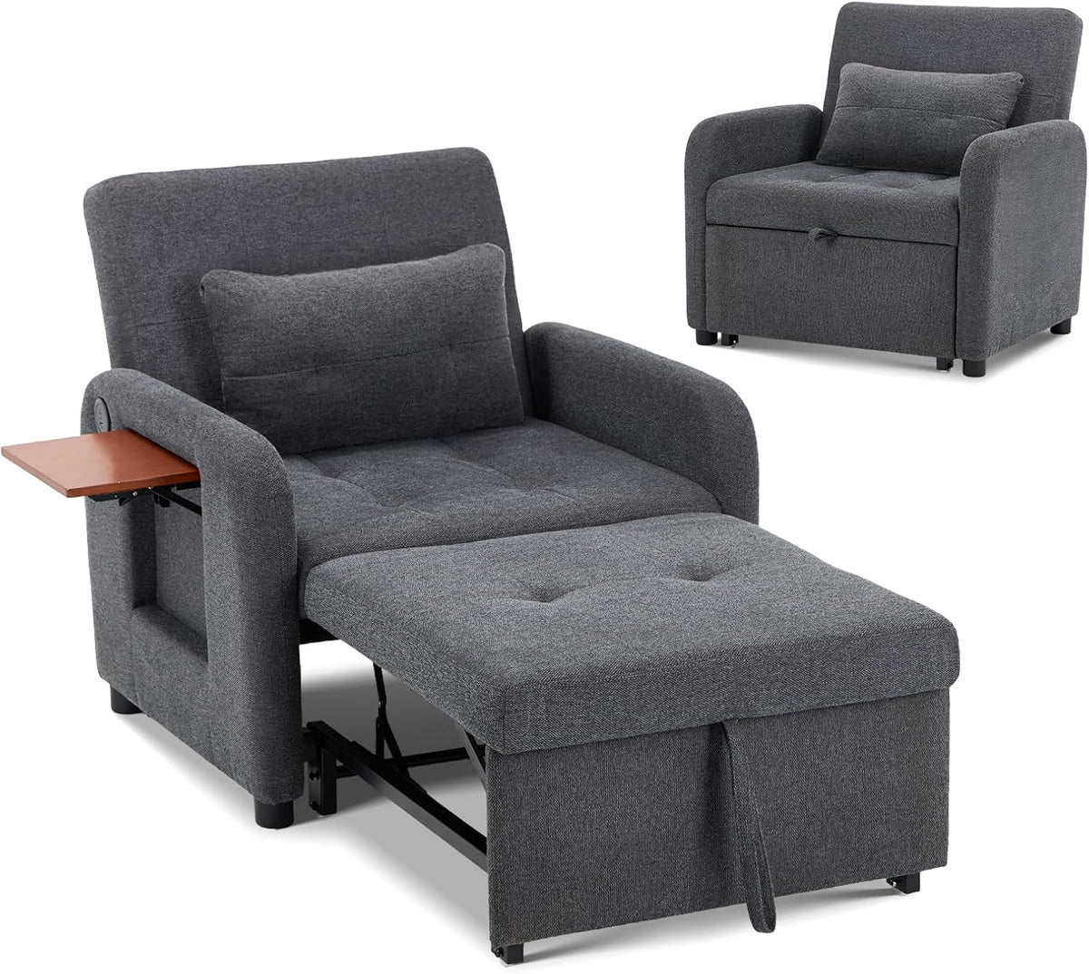 Angled studio shot of the dark grey chair converted into an extended chaise with a matching lumbar pillow and a small inset