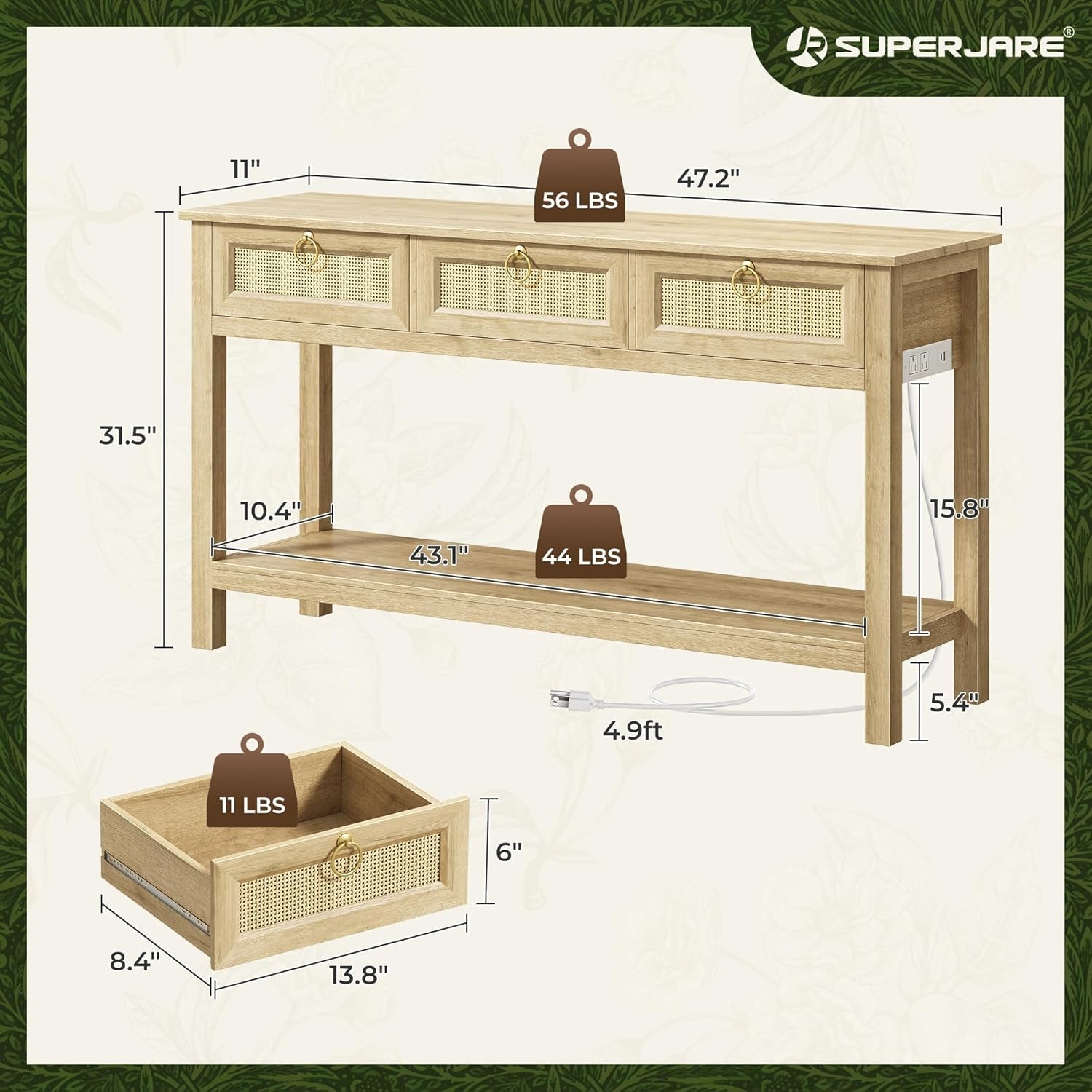 Diagram showing console table measurements, drawer size callout, weight notes and side power outlet placement