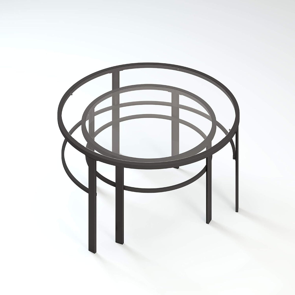 Top-down view of nested round glass tables with blackened bronze frame showing overlapping rings