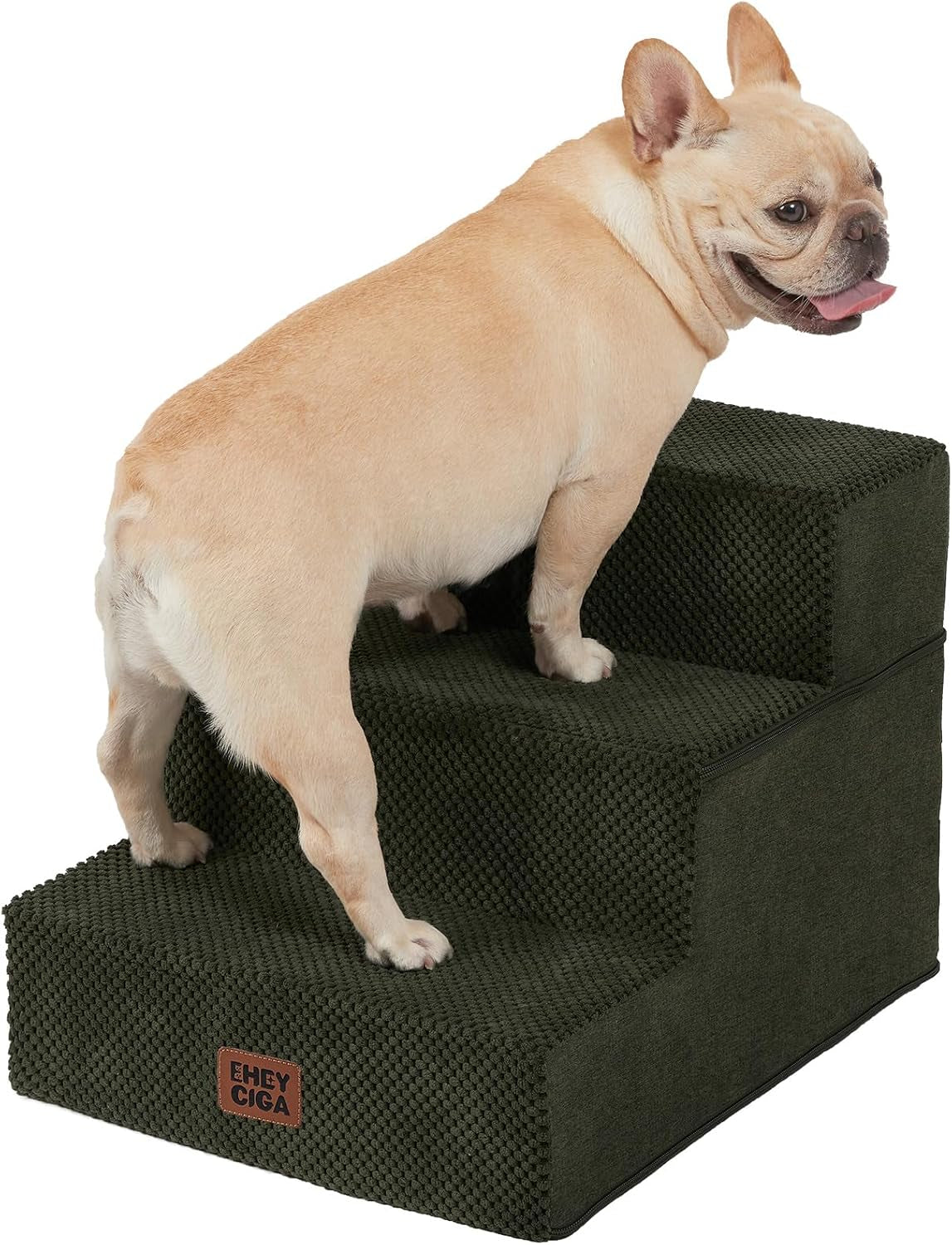 Cropped view of dark olive-green four-step stairs with a small dog turning its head toward the camera.