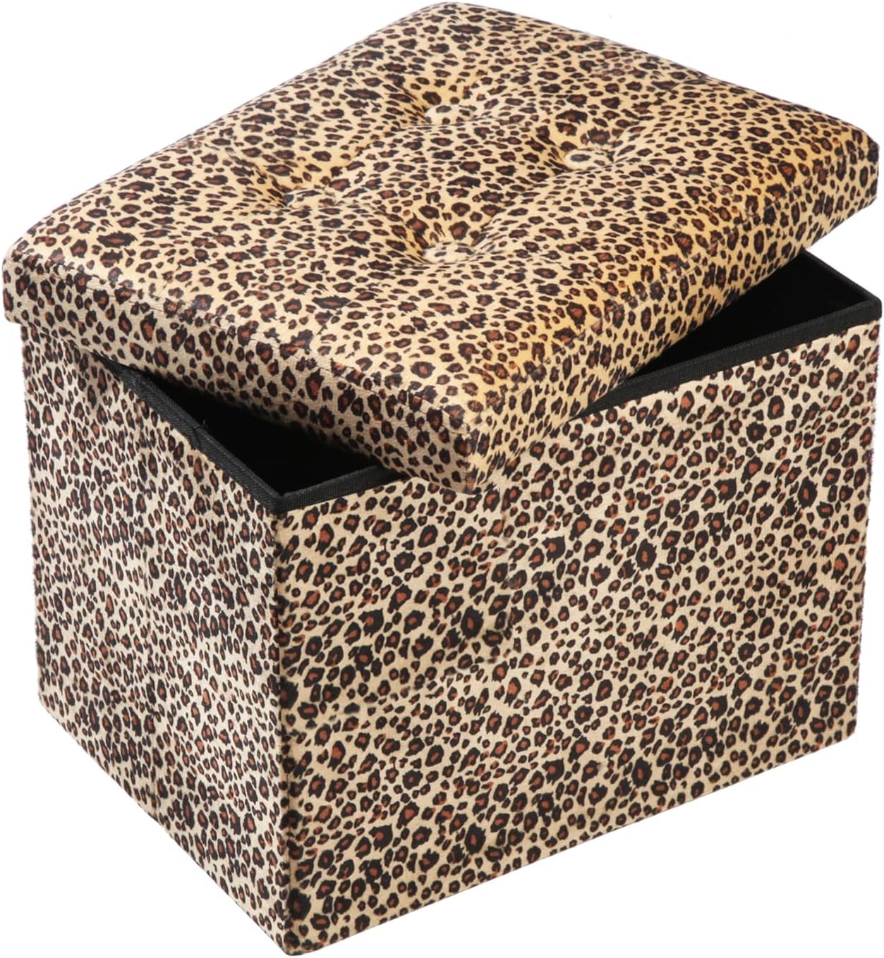 Leopard-print rectangular storage ottoman with tufted removable lid shown partially open