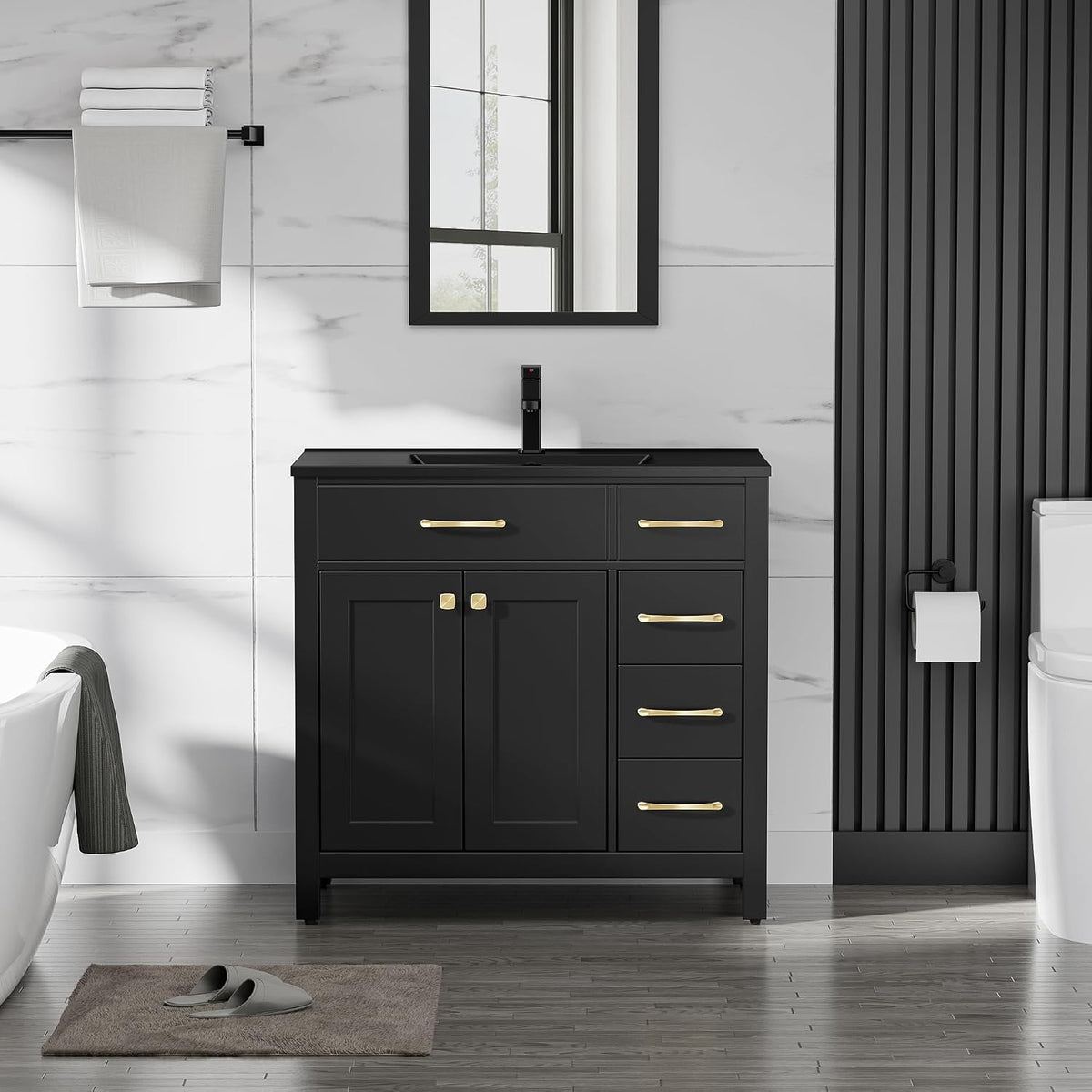 Front view of a single black vanity with matching black countertop and gold handles.