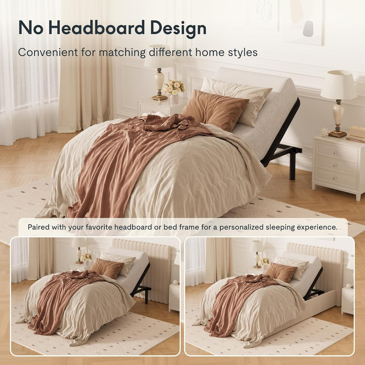 Angled view of raised mattress without a headboard, rust-colored throw draped over neutral bedding and two bedside tables.