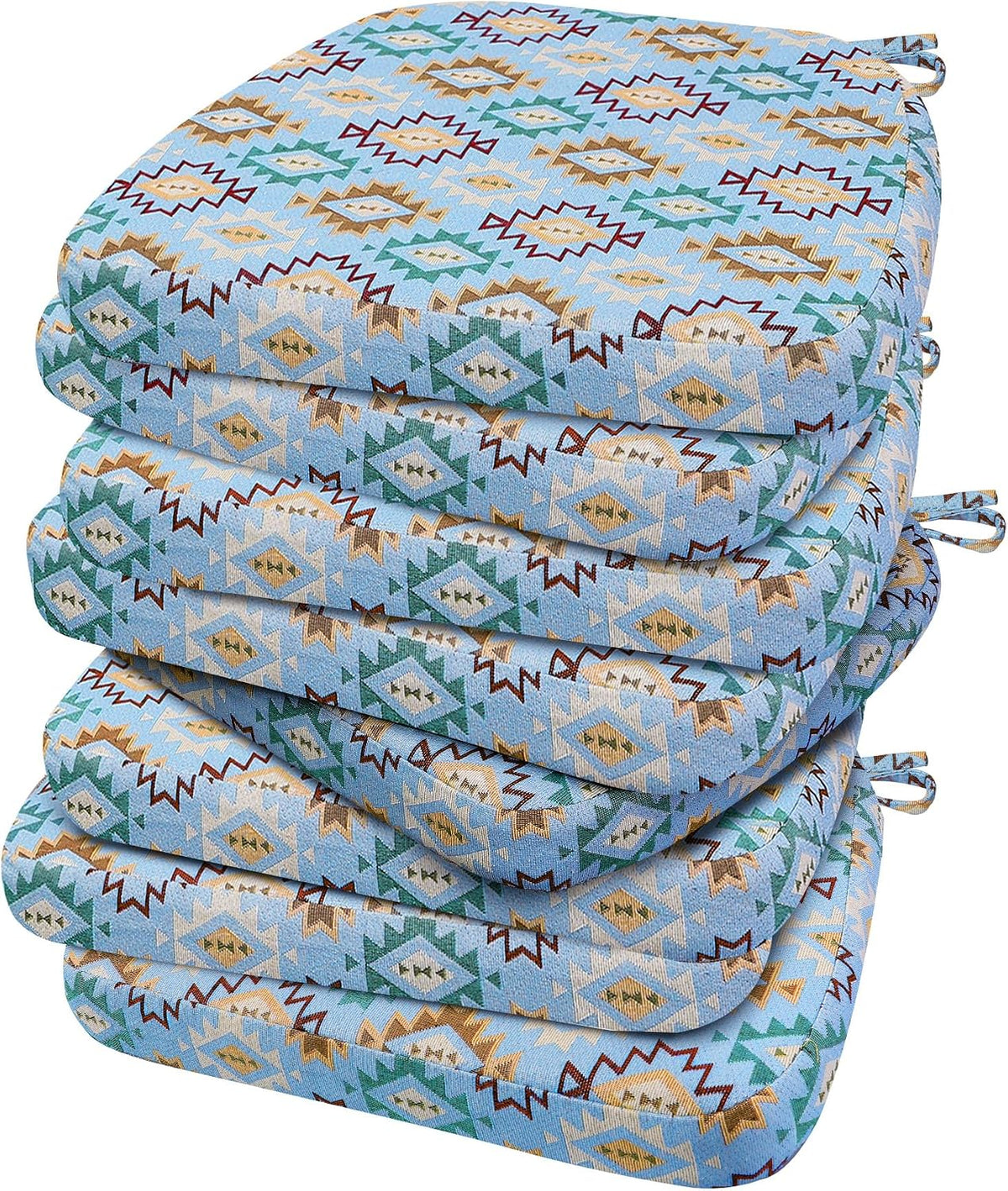 Stack of four D-shaped cushions in a light blue southwestern pattern, one slightly turned forward