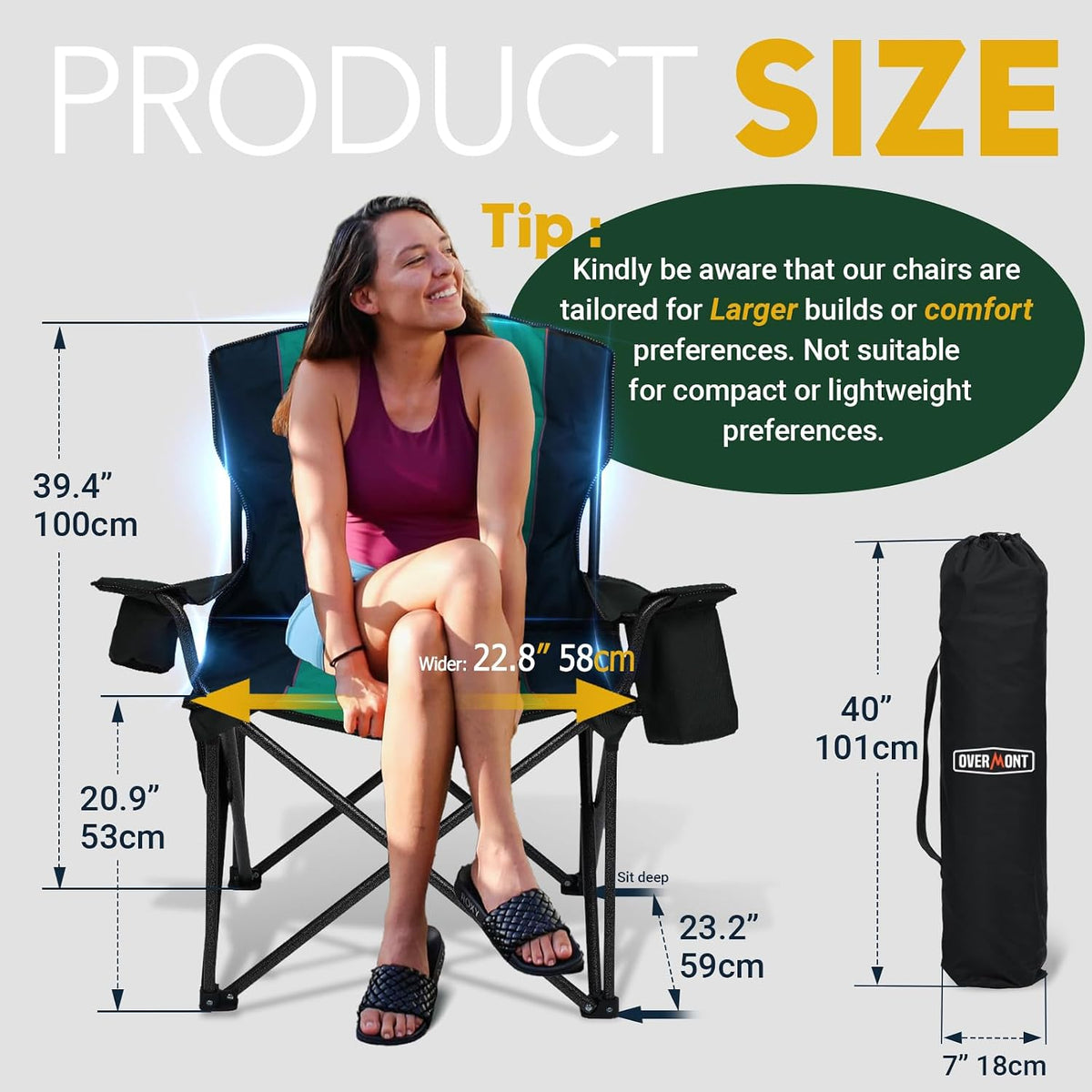 Woman sitting in oversized folding chair shown with measurement arrows and a packed carry bag at right.