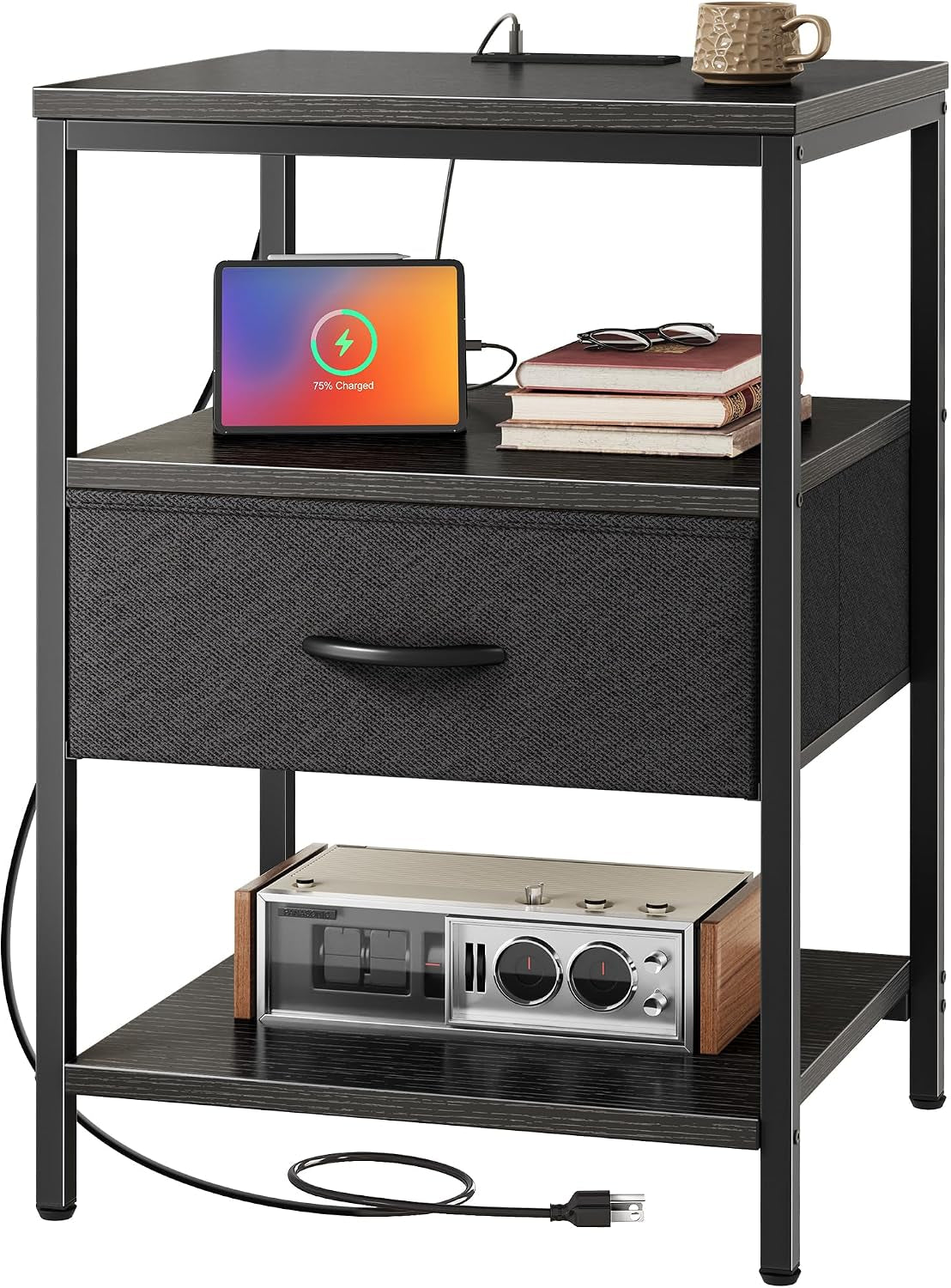Front-facing shot of the nightstand showing a black fabric drawer, top shelf and bottom shelf with cord