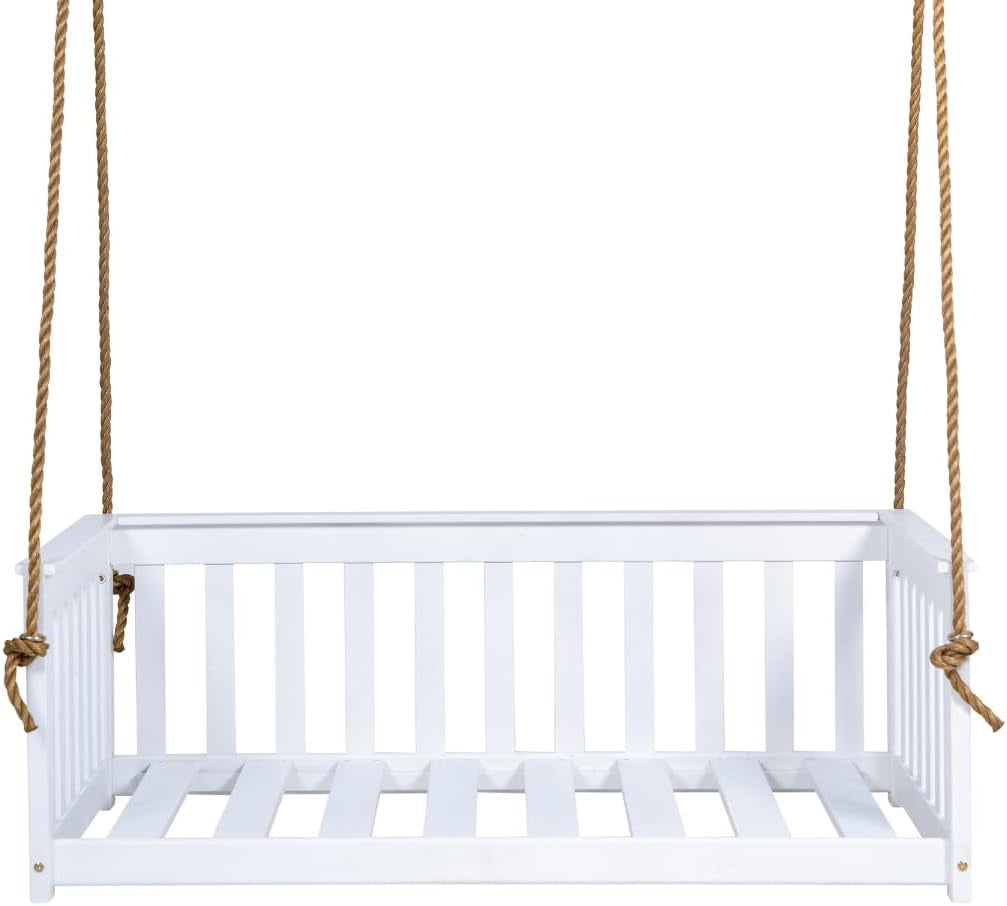 Front view of a white painted porch swing daybed with vertical slats and natural ropes