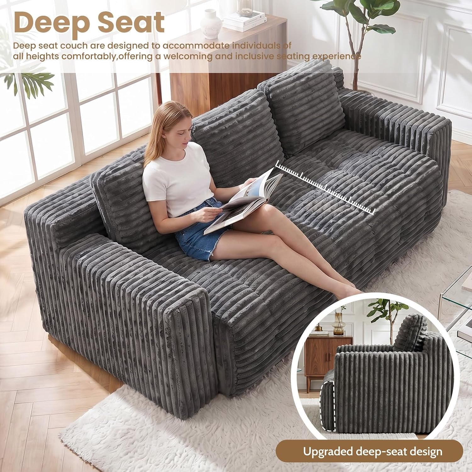 70” Boneless Couch, 3 Seater Sofa Couch with Extra Deep Seats 3 Pillows,Corduroy Modern Small Couch for Living Room, Office, Bedroom, Apartment,Grey
