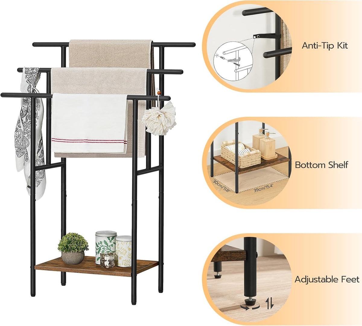 Front view of the black-framed 3-tier towel rack with a rustic brown lower shelf and circular callouts for anti-tip and