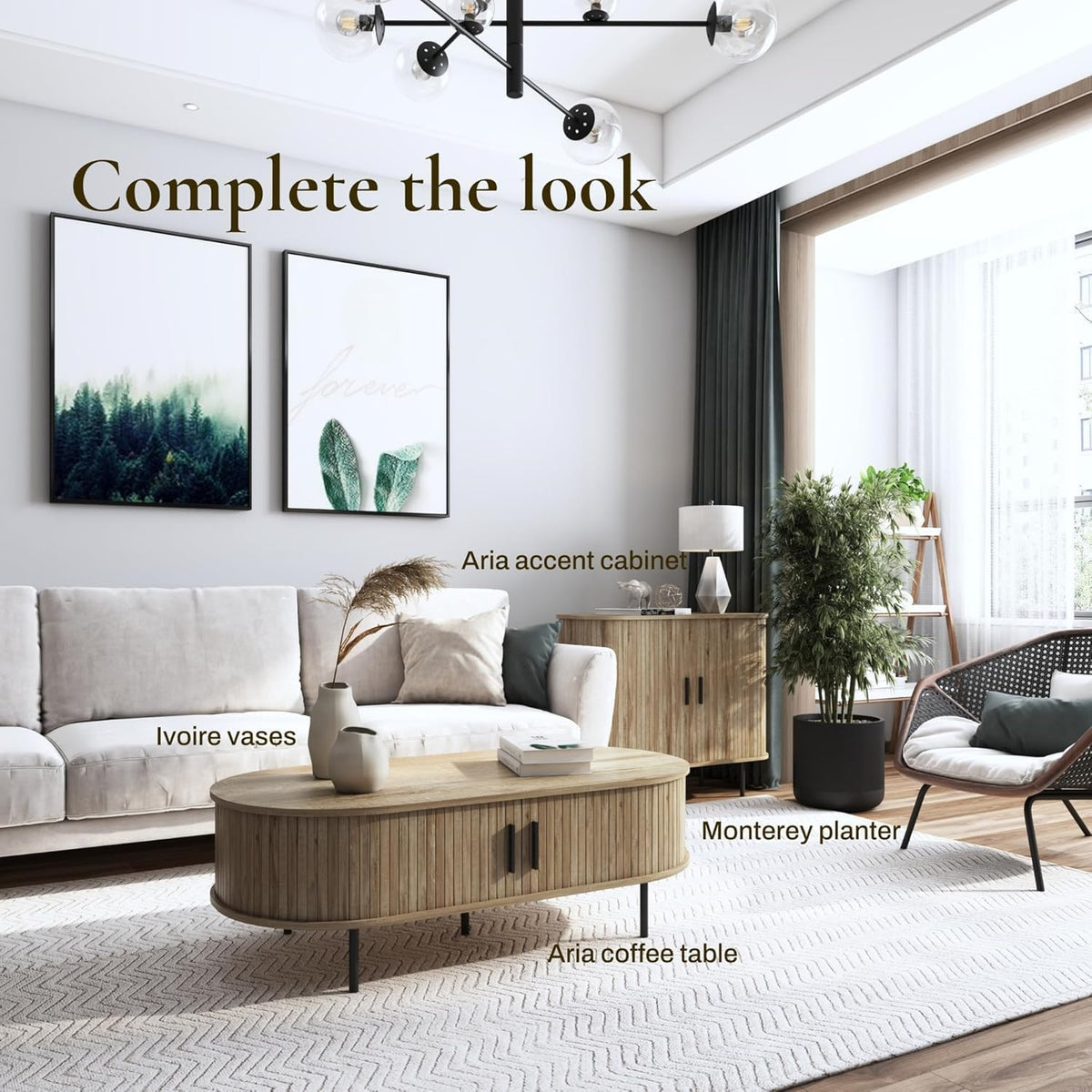 Wide living room scene with oval oak-grain coffee table in foreground and matching accent cabinet in background