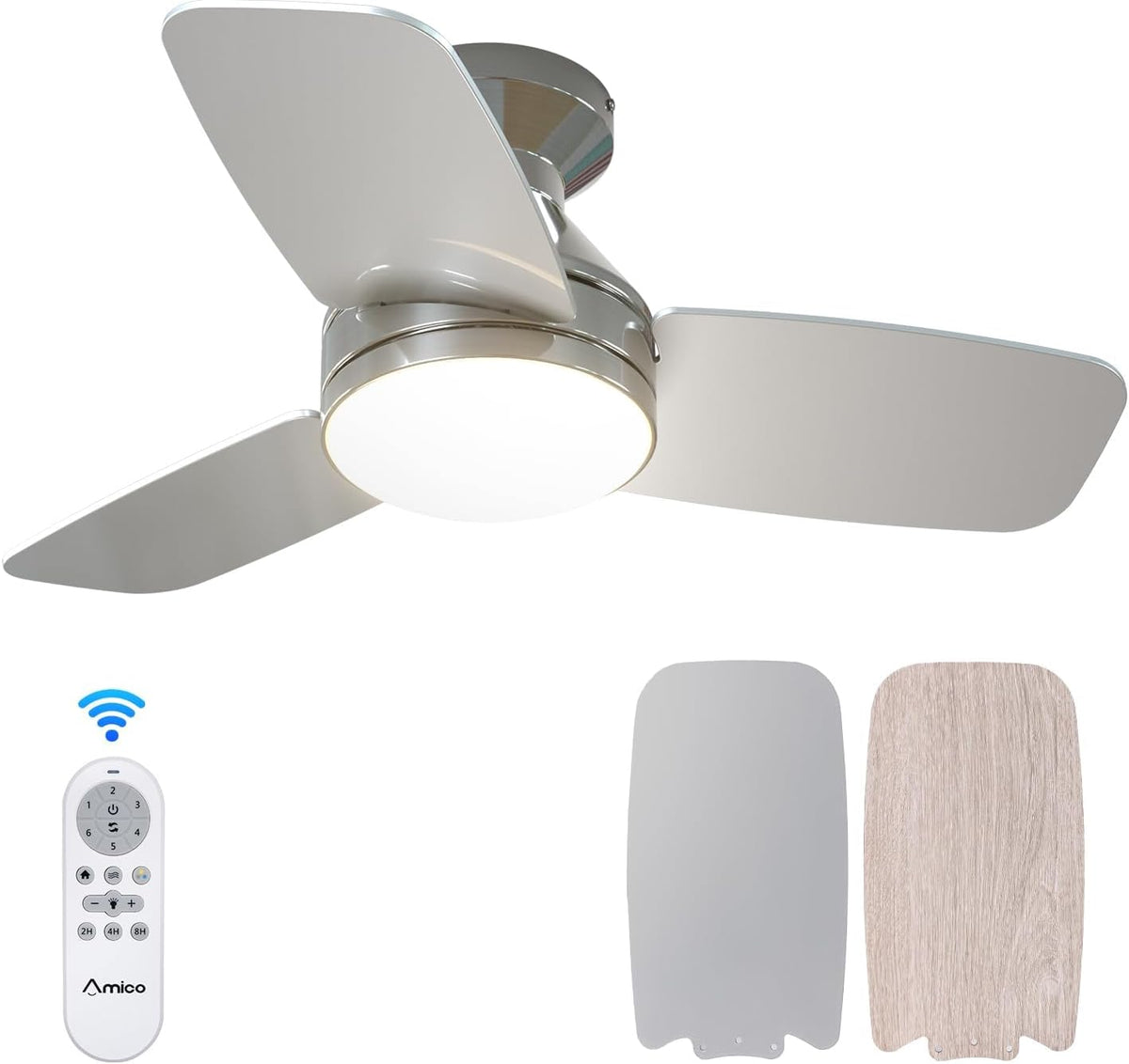 Polished chrome ceiling fan viewed from below with lit diffuser, remote and gray plus pale wood blade samples