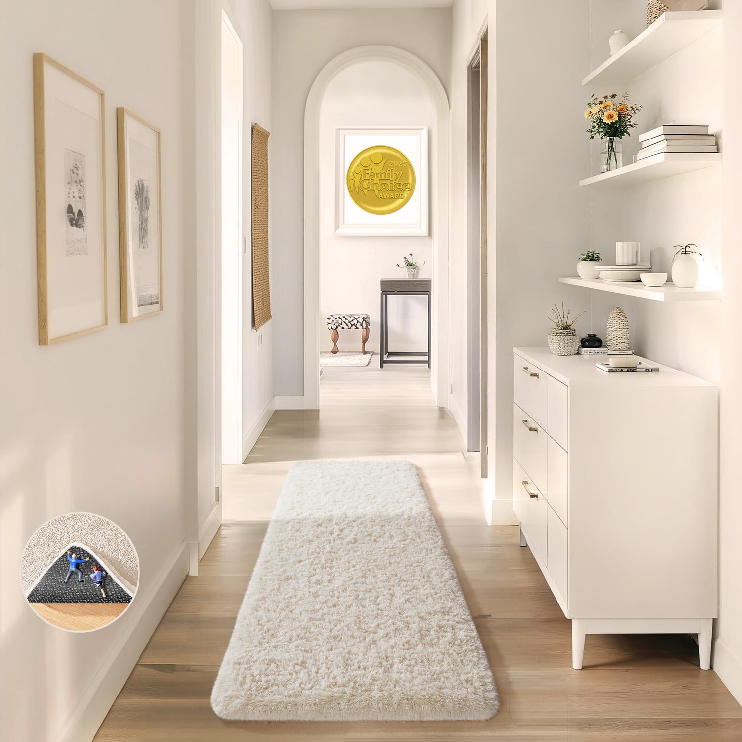 Long cream shag runner laid down a bright hallway; circular inset shows textured non-slip backing