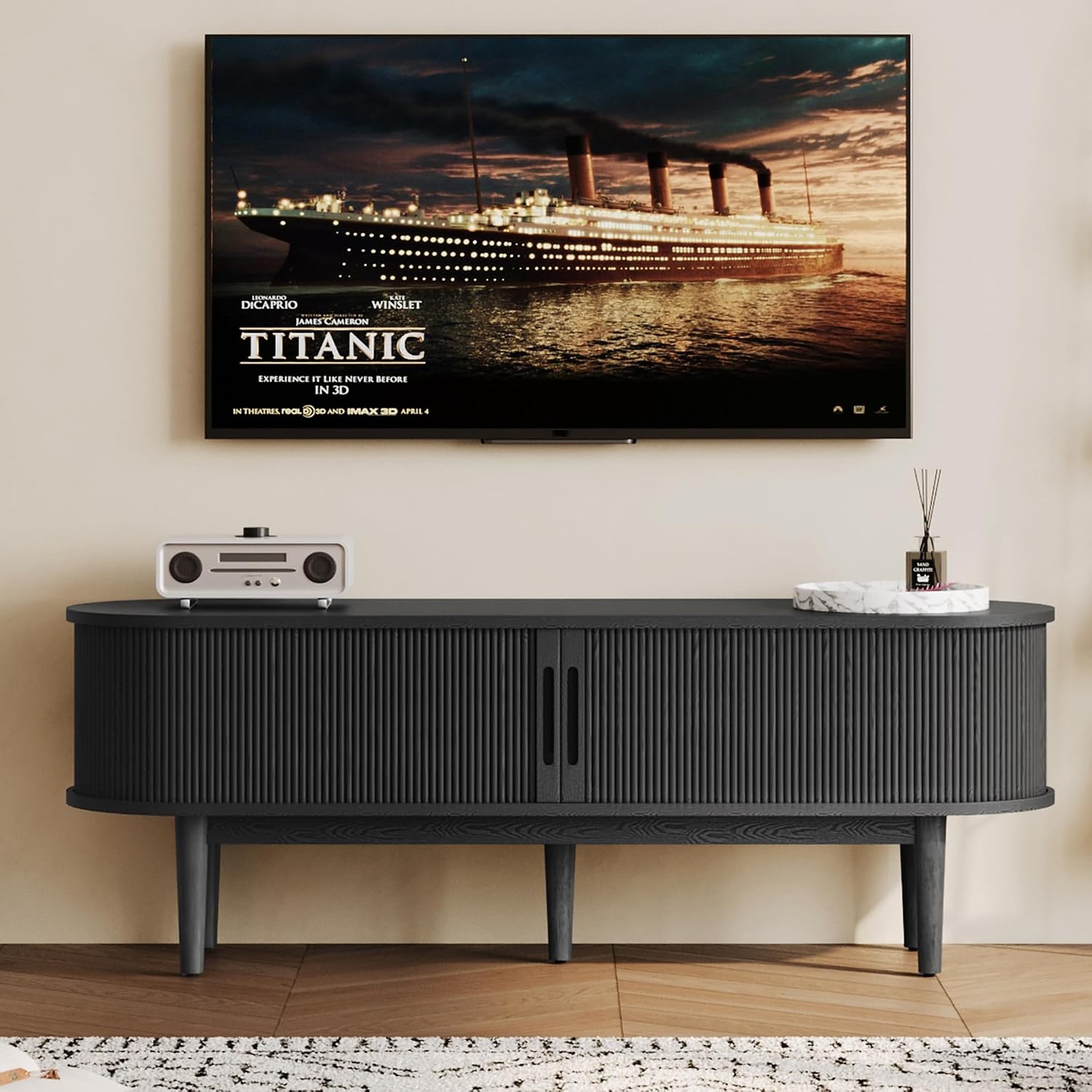 LINSY HOME 70" Fluted TV Stand for TVs up to 80 Inch, Mid Century Modern Entertainment Center with Storage Cabinet and Sliding Doors, Farmhouse Wood Media TV Console for Living Room, Bedroom, Walnut
