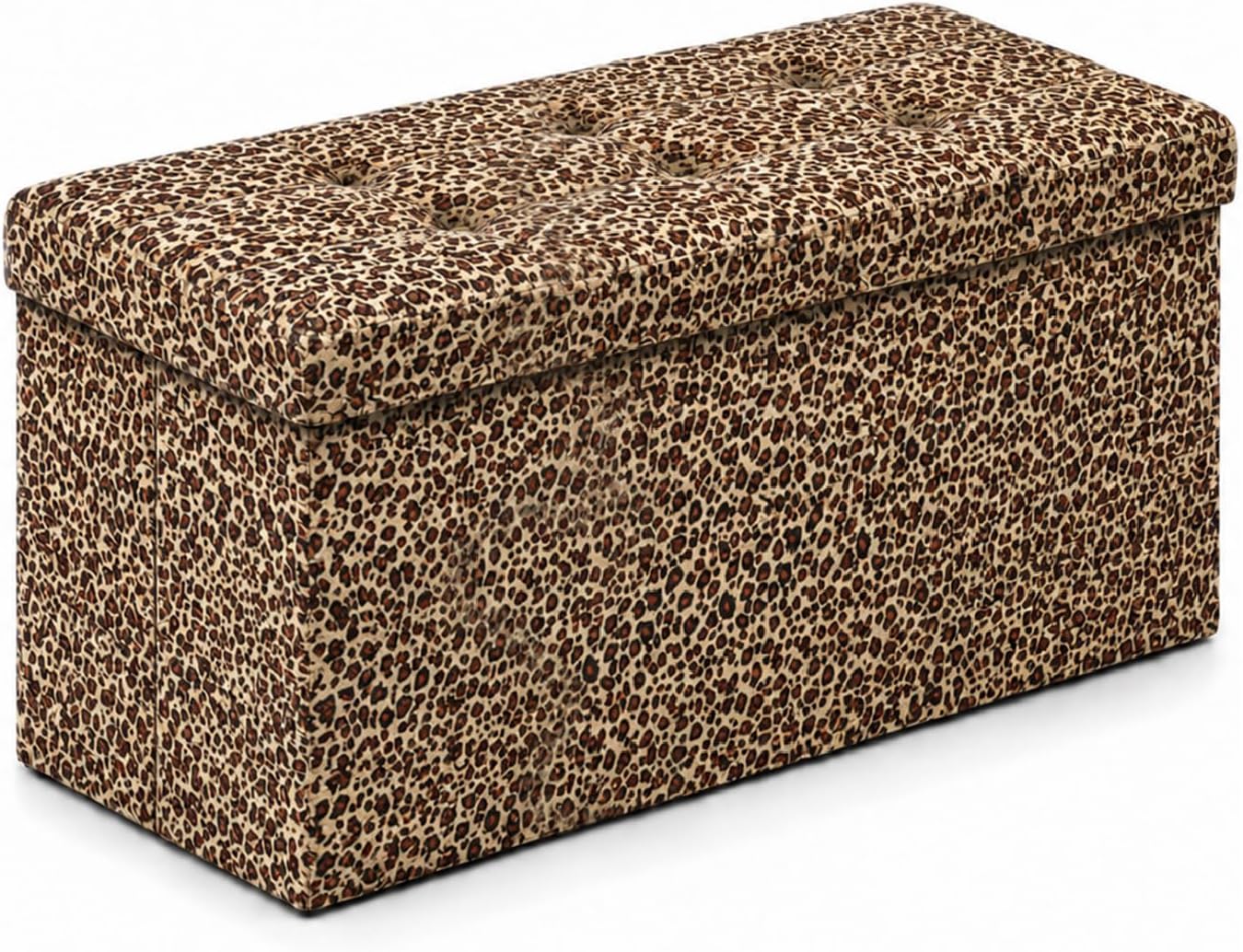Long tufted storage ottoman covered in leopard print fabric shown at a three-quarter angle.