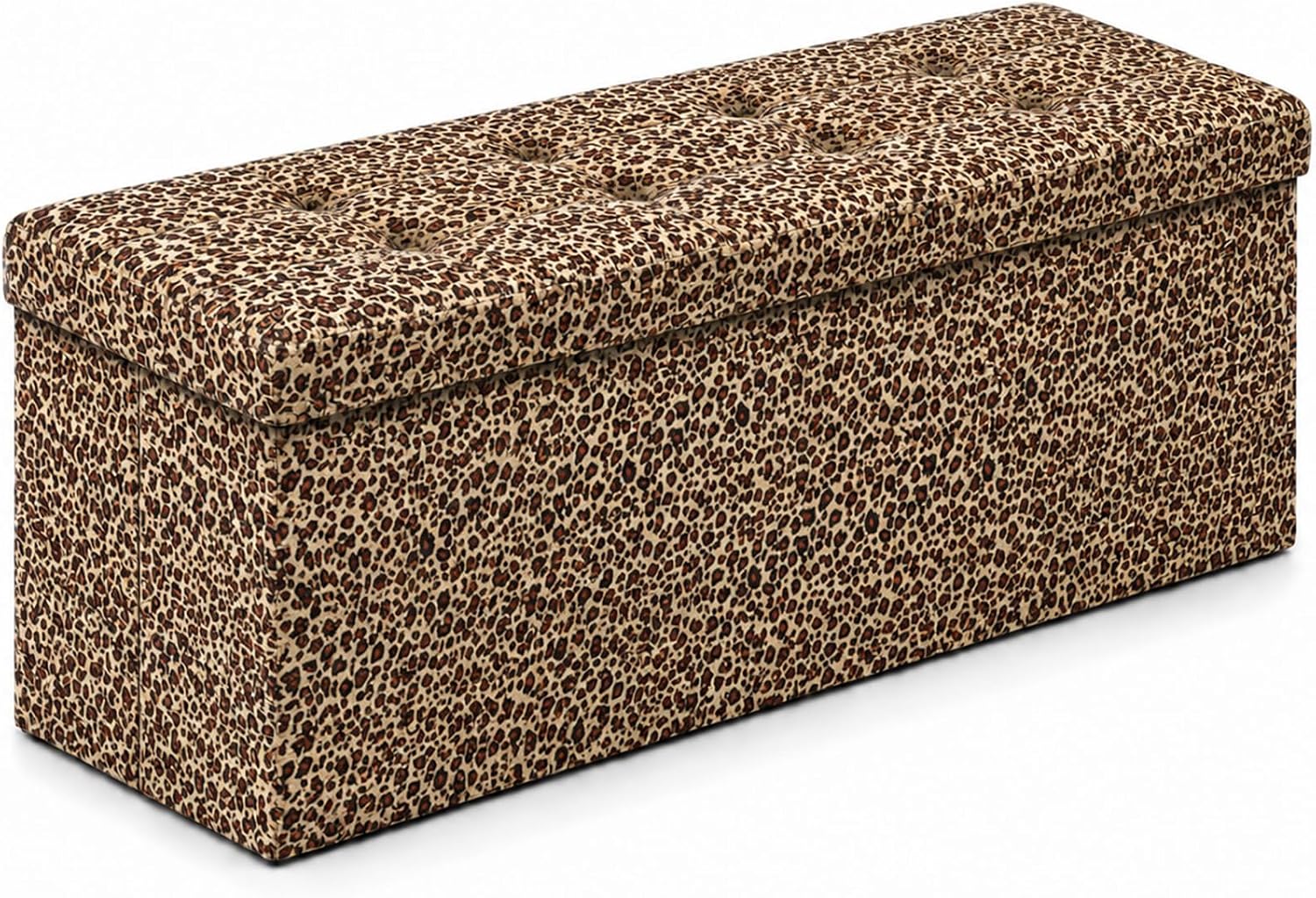 Long rectangular tufted storage ottoman covered in leopard print fabric, angled view