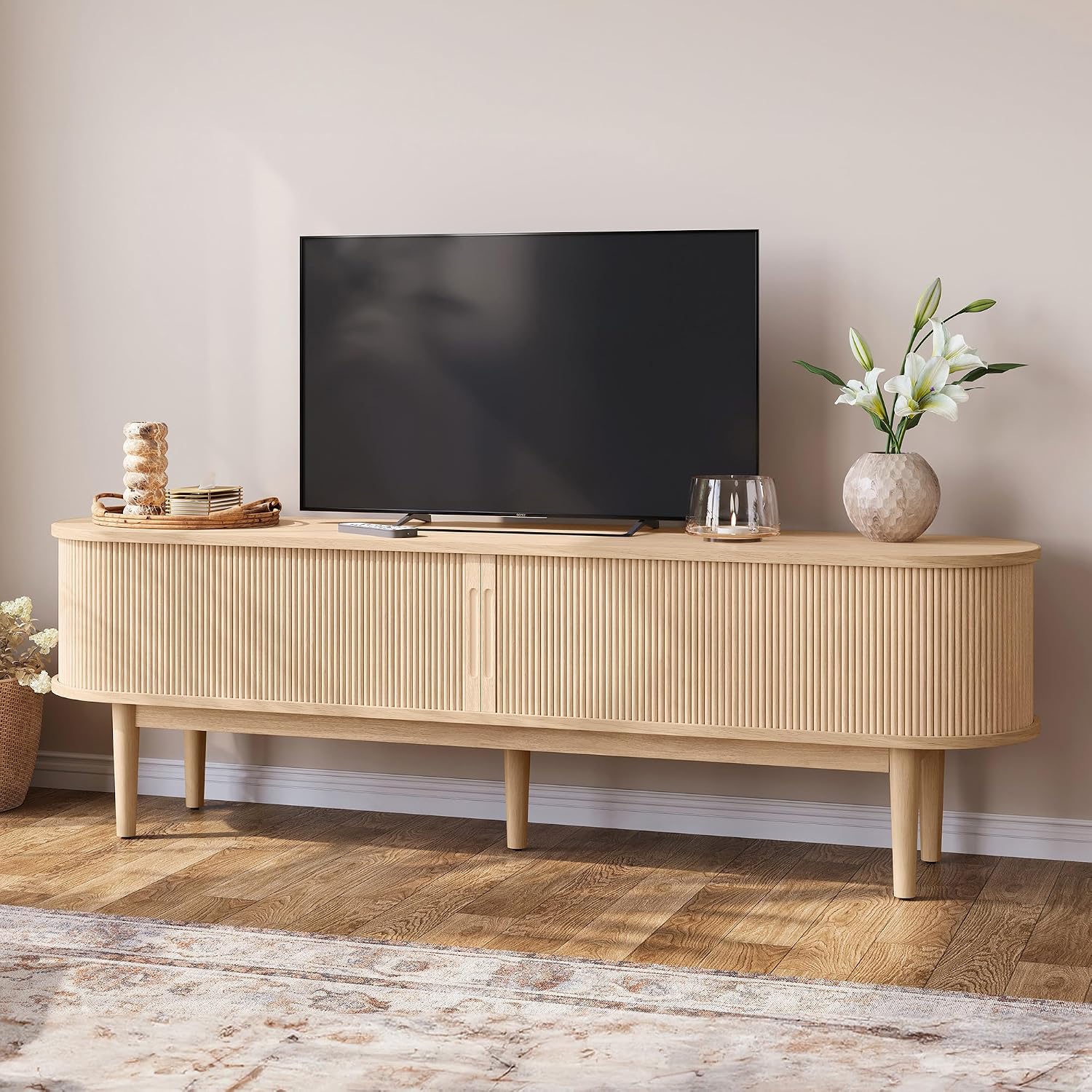 LINSY HOME 70" Fluted TV Stand for TVs up to 80 Inch, Mid Century Modern Entertainment Center with Storage Cabinet and Sliding Doors, Farmhouse Wood Media TV Console for Living Room, Bedroom, Walnut