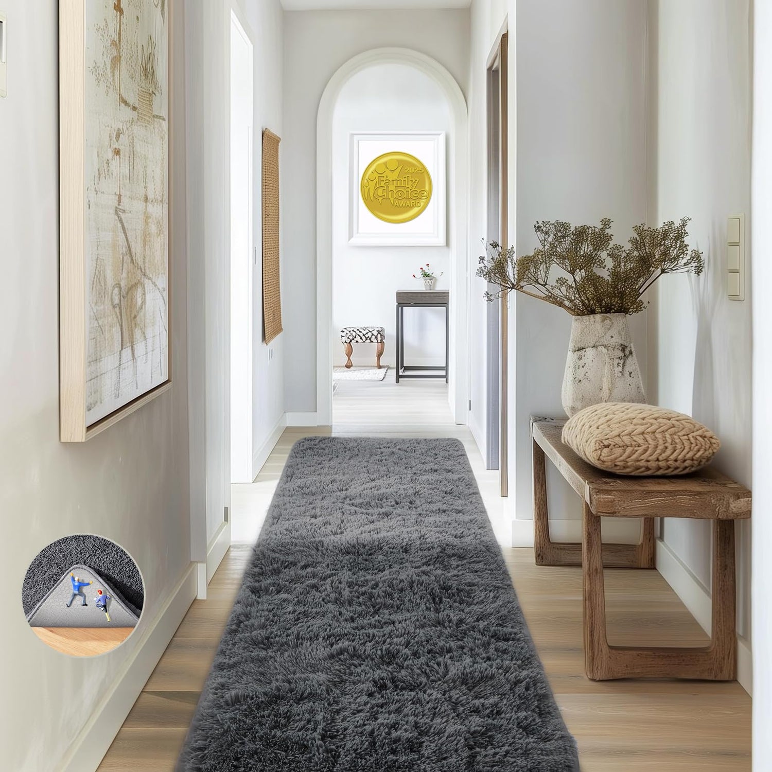 Bright hallway with a centered dark gray plush runner and a wooden bench with decor at right.