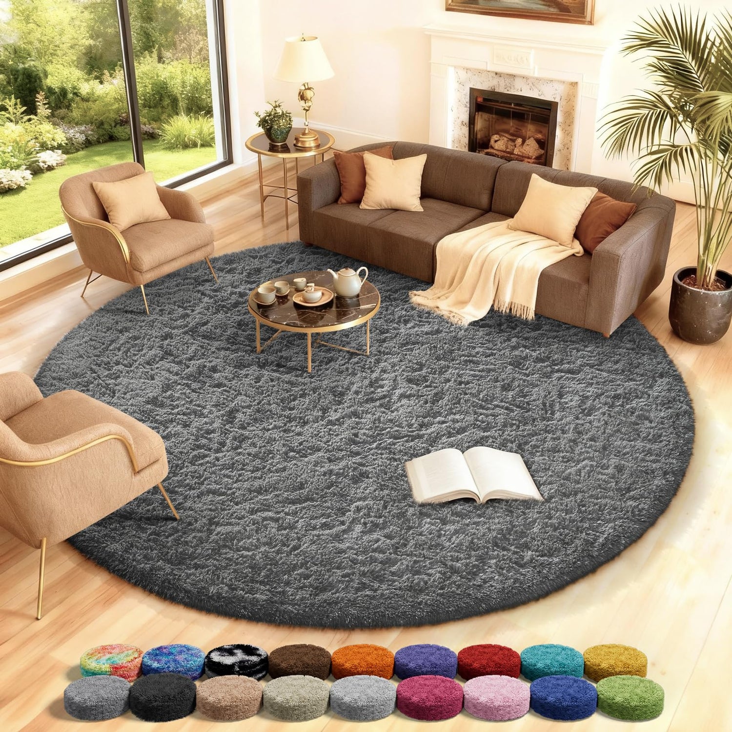 Top-down view of a round dark gray shag rug in a living room with a row of small color swatches at the bottom.