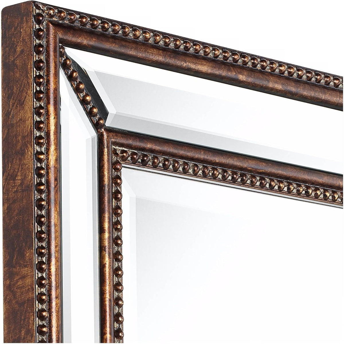 Close-up corner view highlighting the beaded trim and beveled mirror edge in a mottled bronze frame