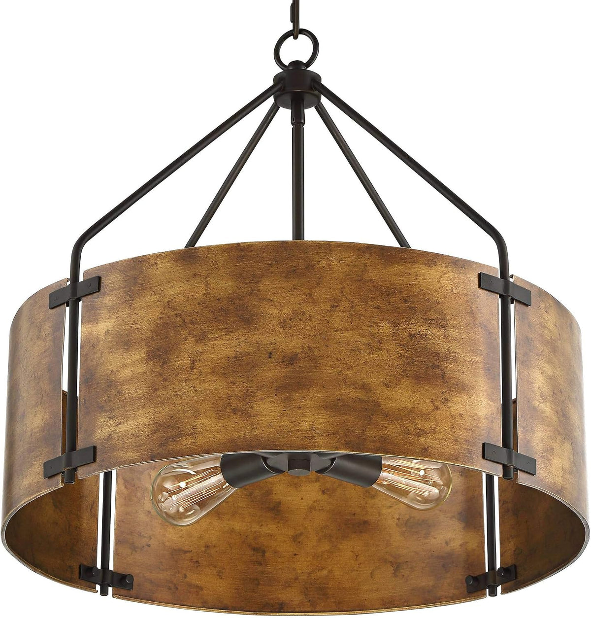 Bottom-up close view of the drum pendant interior showing the four bulb holders and exposed A19 bulb positions