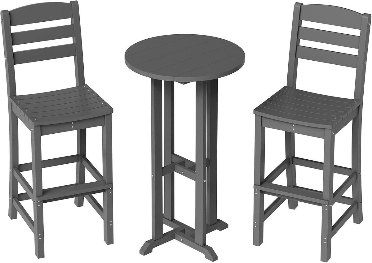 Studio view of a round bar-height table flanked by two high-back wooden-style chairs in charcoal