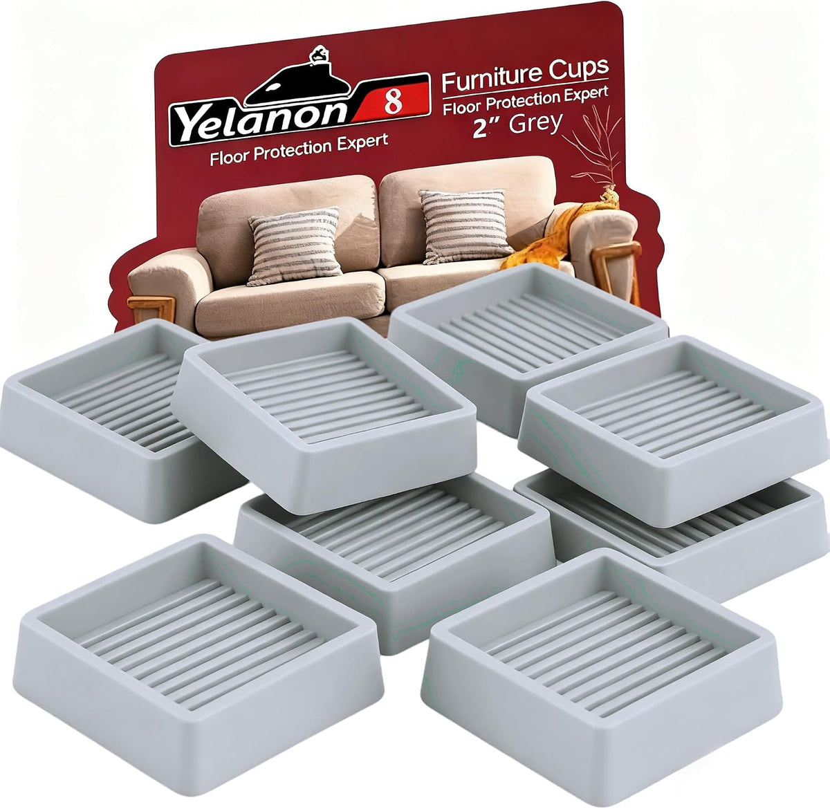 Eight light-gray square ribbed silicone furniture cups arranged in a clustered stack with a red product backdrop.
