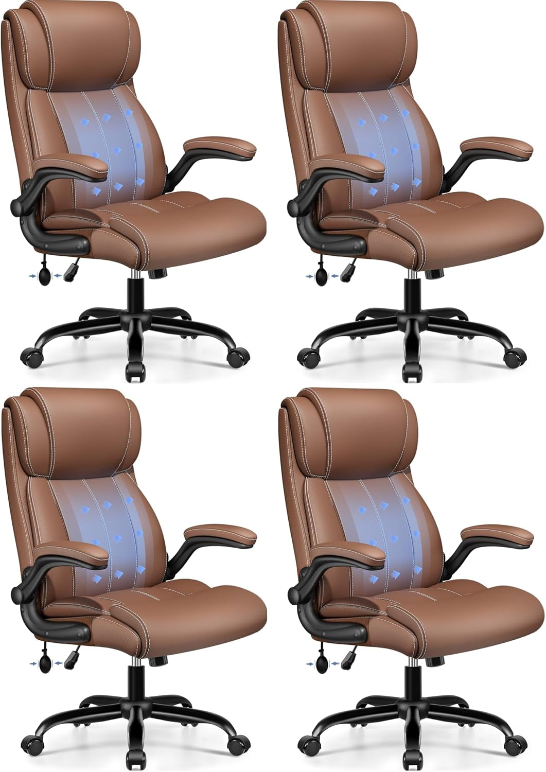 Four brown chairs in a 2x2 layout showing seat, arms, and base from similar angles.