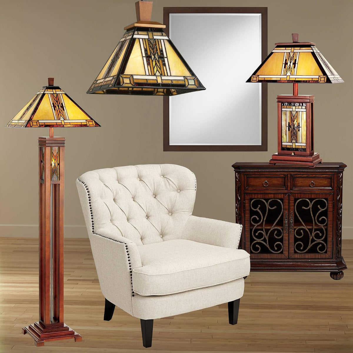 Living-room vignette with a cream tufted armchair, wooden cabinet and three coordinated stained-glass lamps (floor, hanging