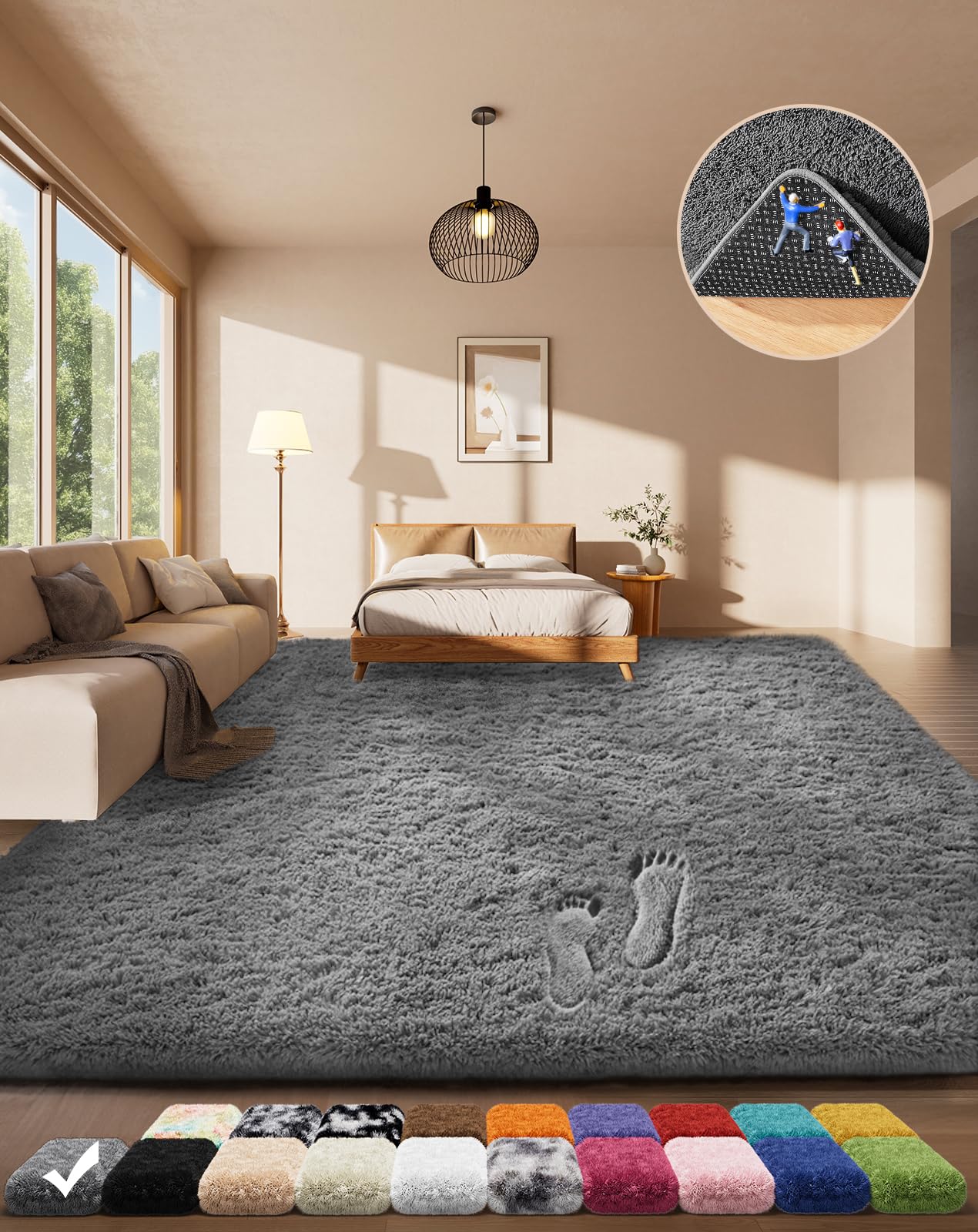 Large dark gray shag area rug in a sunlit bedroom, inset shows rug backing and a row of color swatches.
