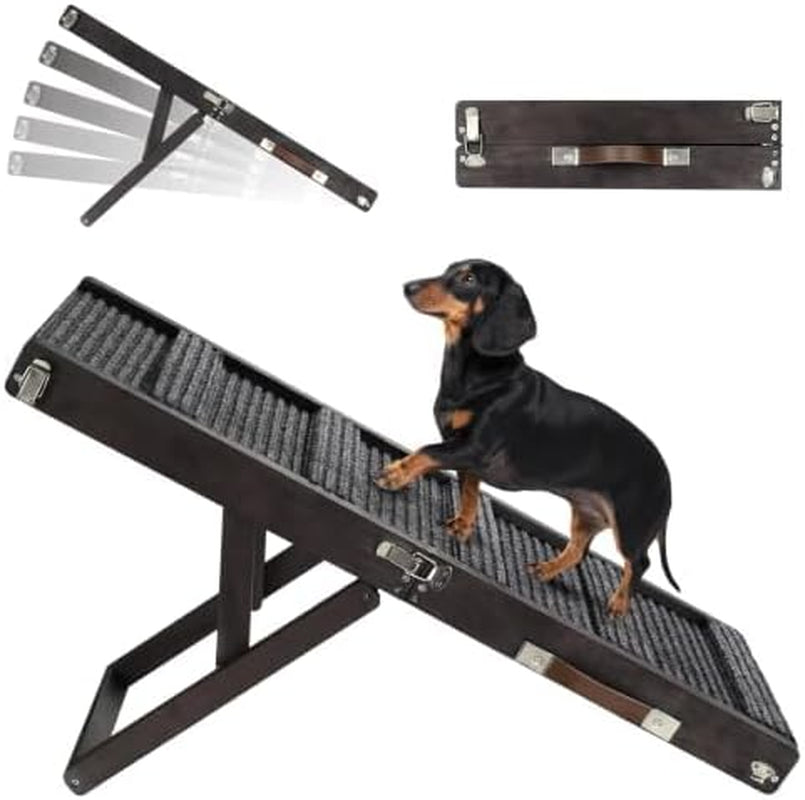 Dark brown ramp at an angle with a dachshund on the textured carpet and visible metal latches