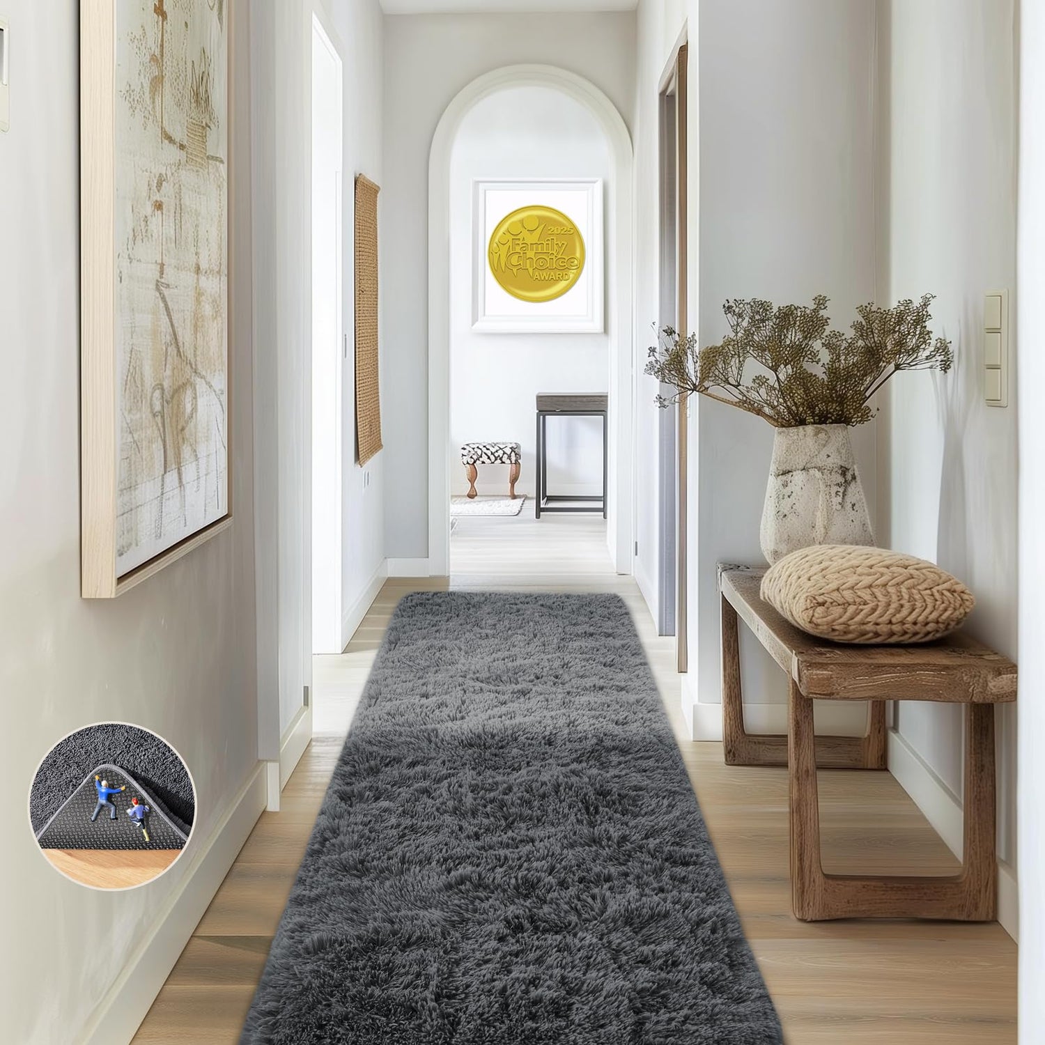 Long gray shag runner laid down a bright hallway, with a round inset showing the rug backing.