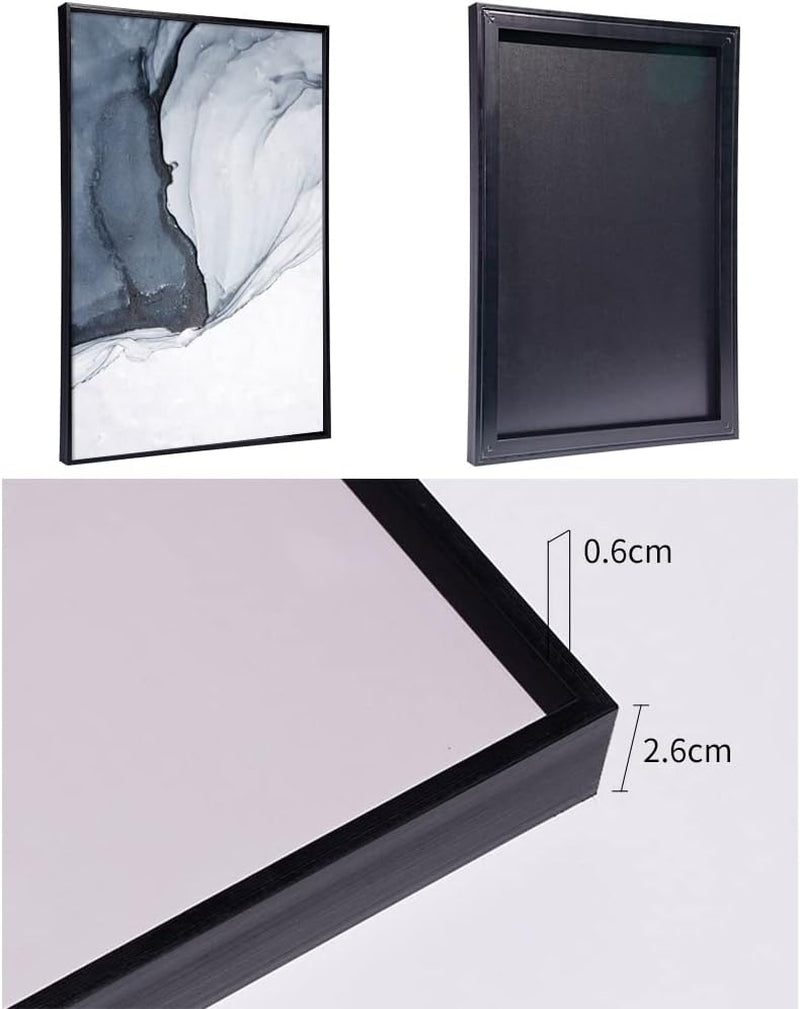 Front and back views of a single framed panel with close-up of the frame corner and depth measurement overlay