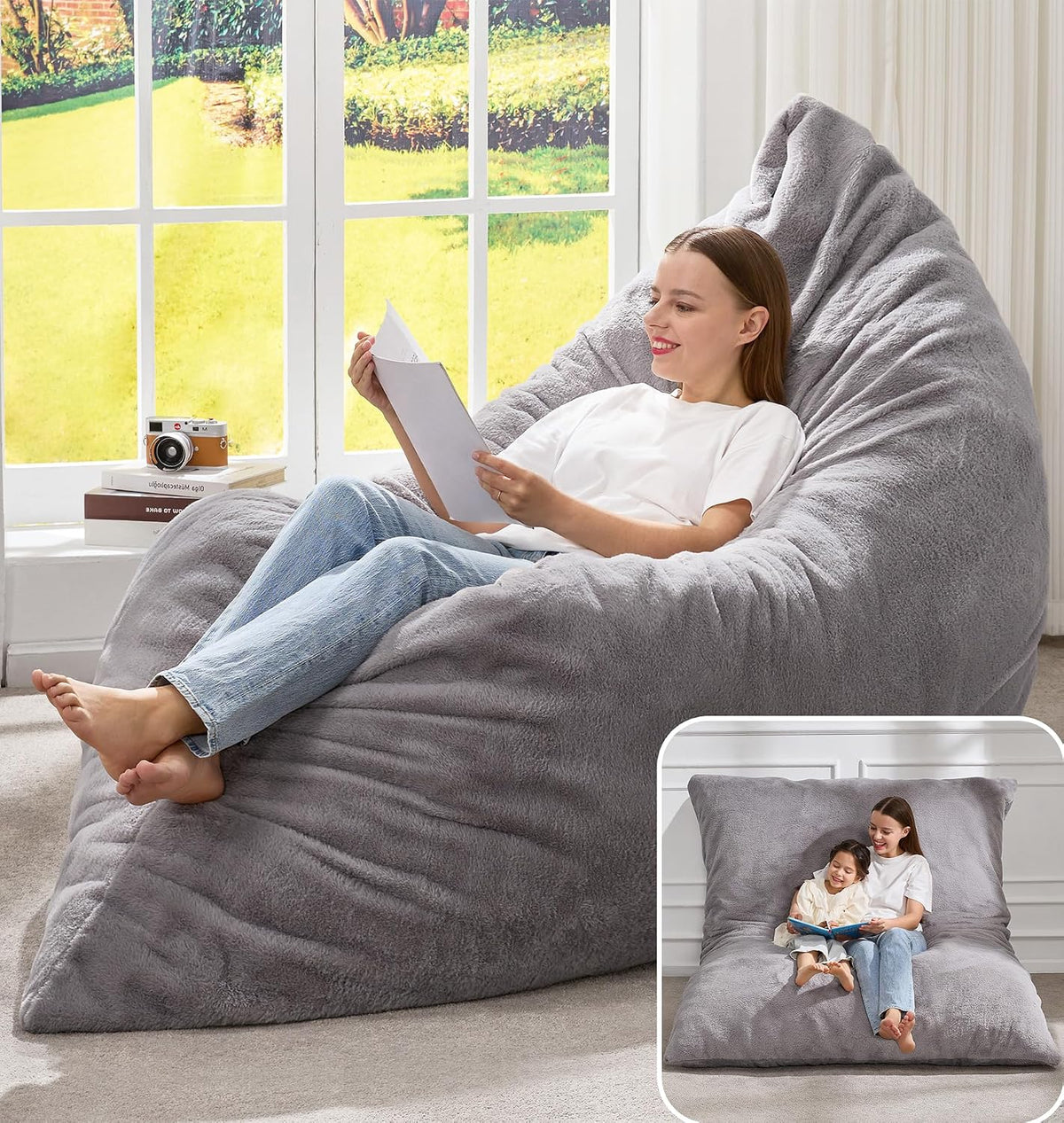 Woman reclining and reading on a large light gray plush beanbag lounger; inset shows it flattened with two children seated.