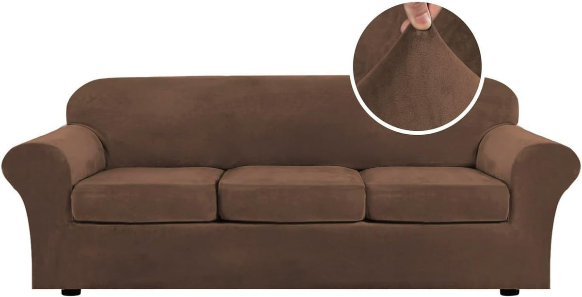 Front view of a brown three-cushion slipcovered sofa with a circular inset showing the soft fabric being pinched.