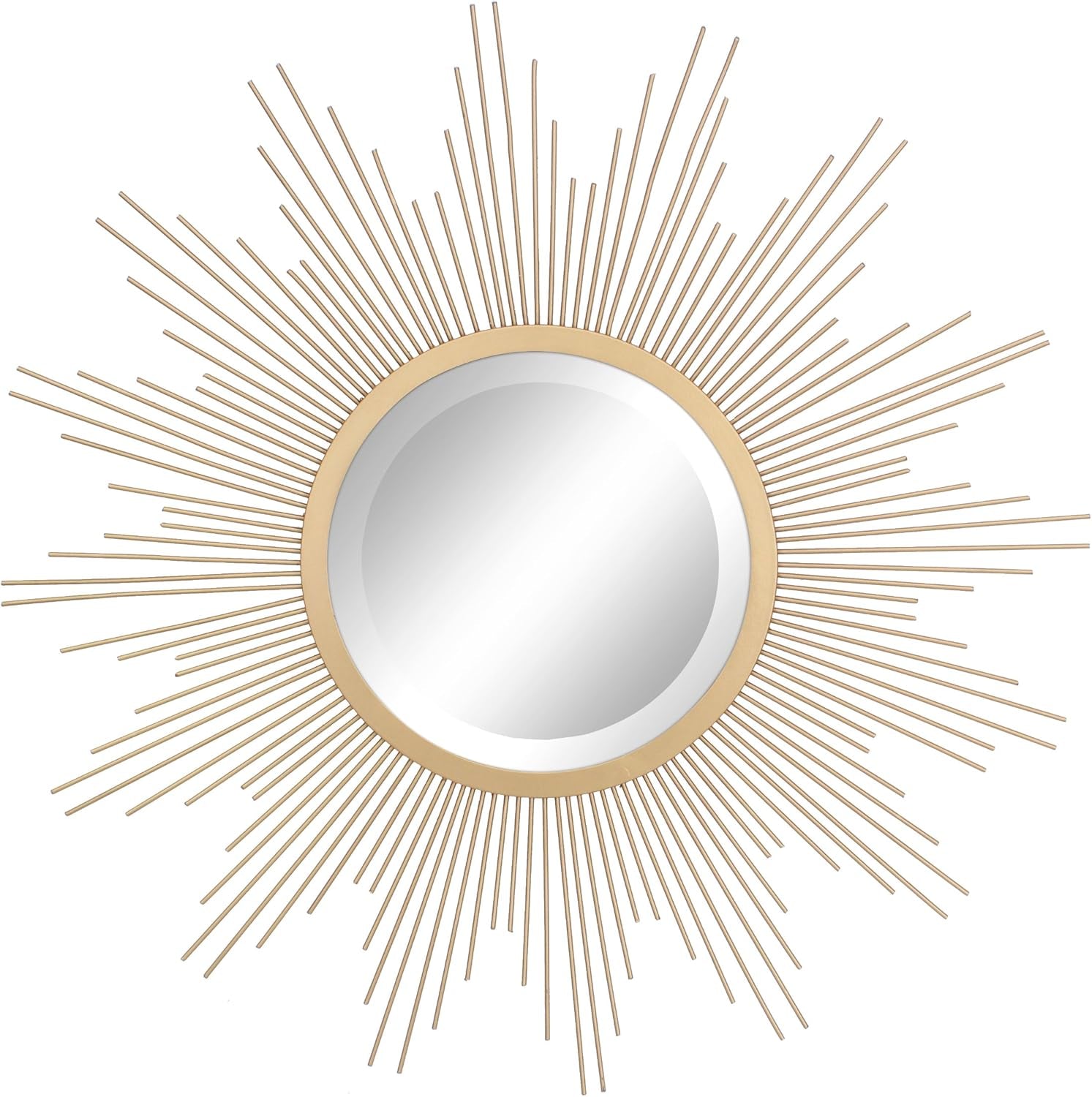 Antique gold starburst wall mirror front view showing round beveled mirror and radiating metal rods