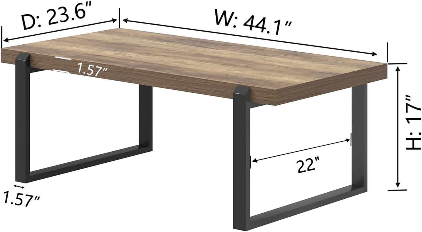 Diagram of rectangular coffee table showing dimensions 44.1in by 23.6in by 17in and 1.57in tabletop thickness.