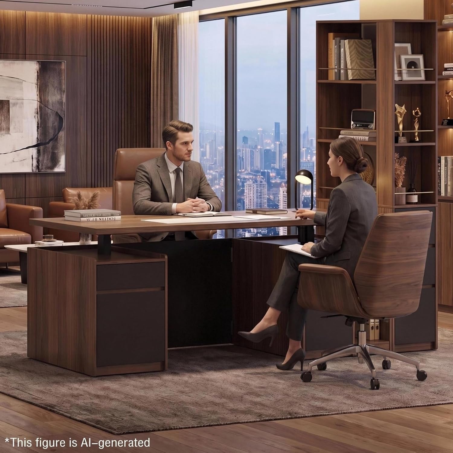 Walnut adjustable desk and narrow bookcase in an office scene with two people seated across the desk, conversational view