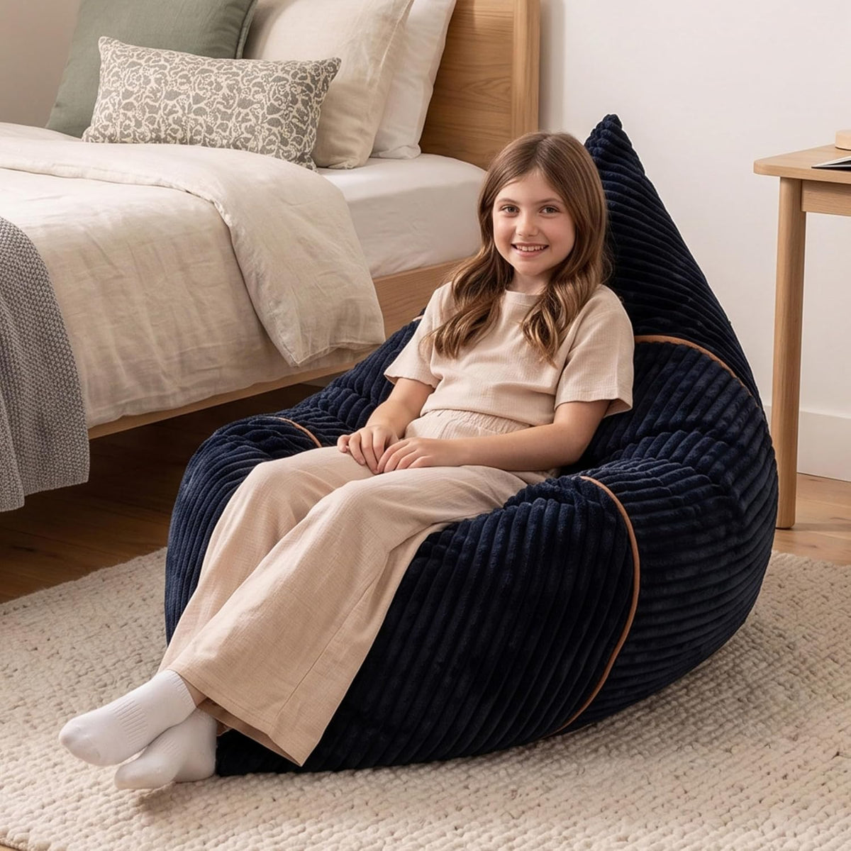 Child sitting in a navy ribbed lounger placed on a bedroom rug beside a bed.