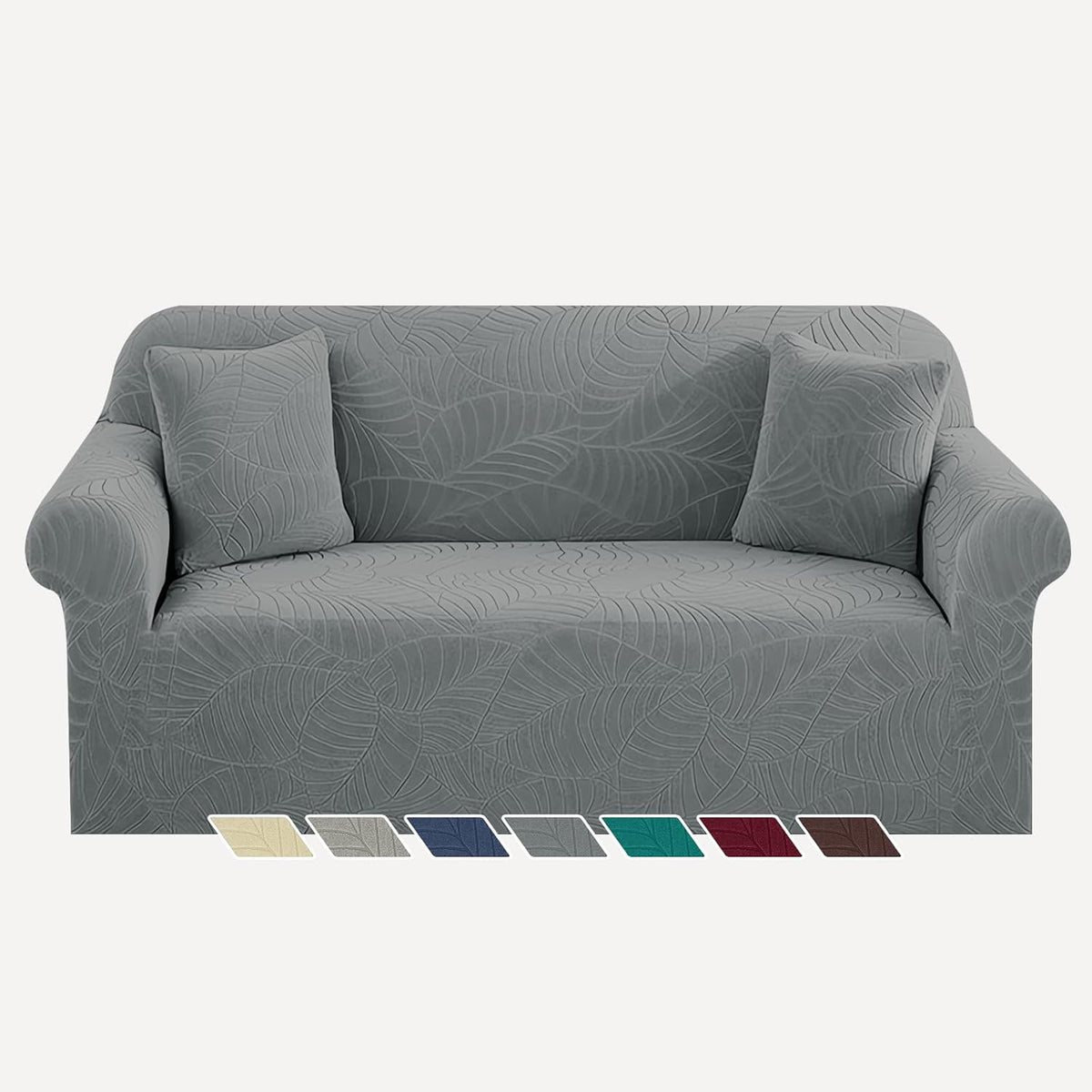 Three-seat sofa in medium gray textured slipcover with two matching pillows