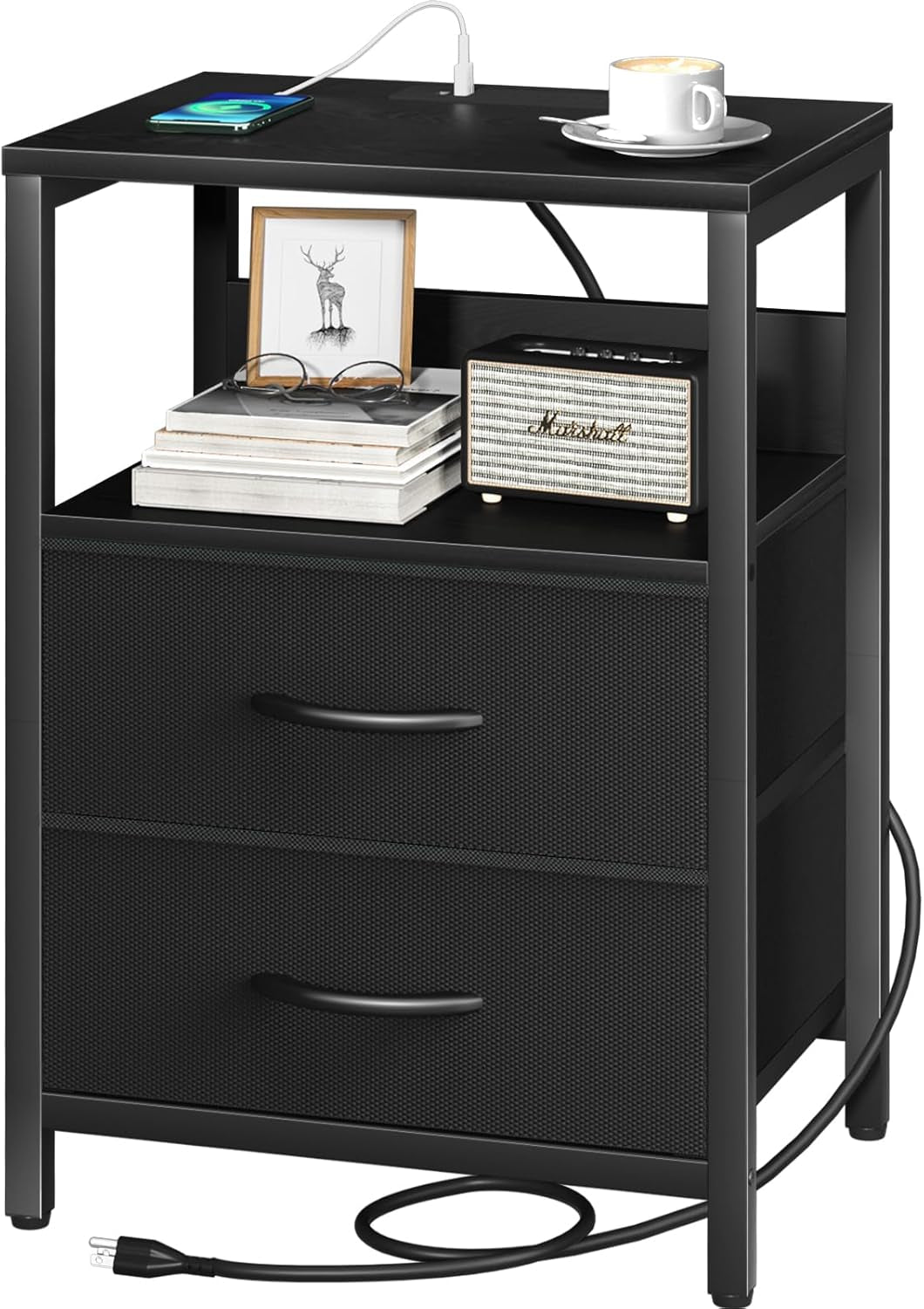 Black two-drawer nightstand with an open shelf, top surface showing a charging cable and cup.