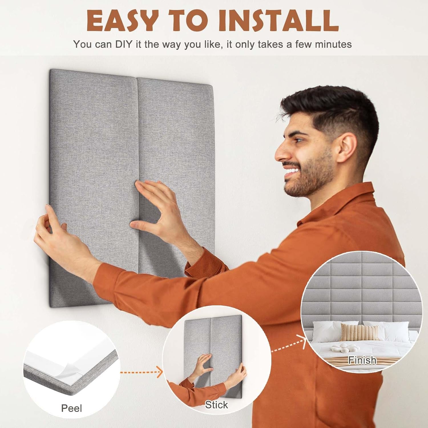Person installing a tall gray peel-and-stick headboard panel on a white wall with small peel-and-stick instruction graphics