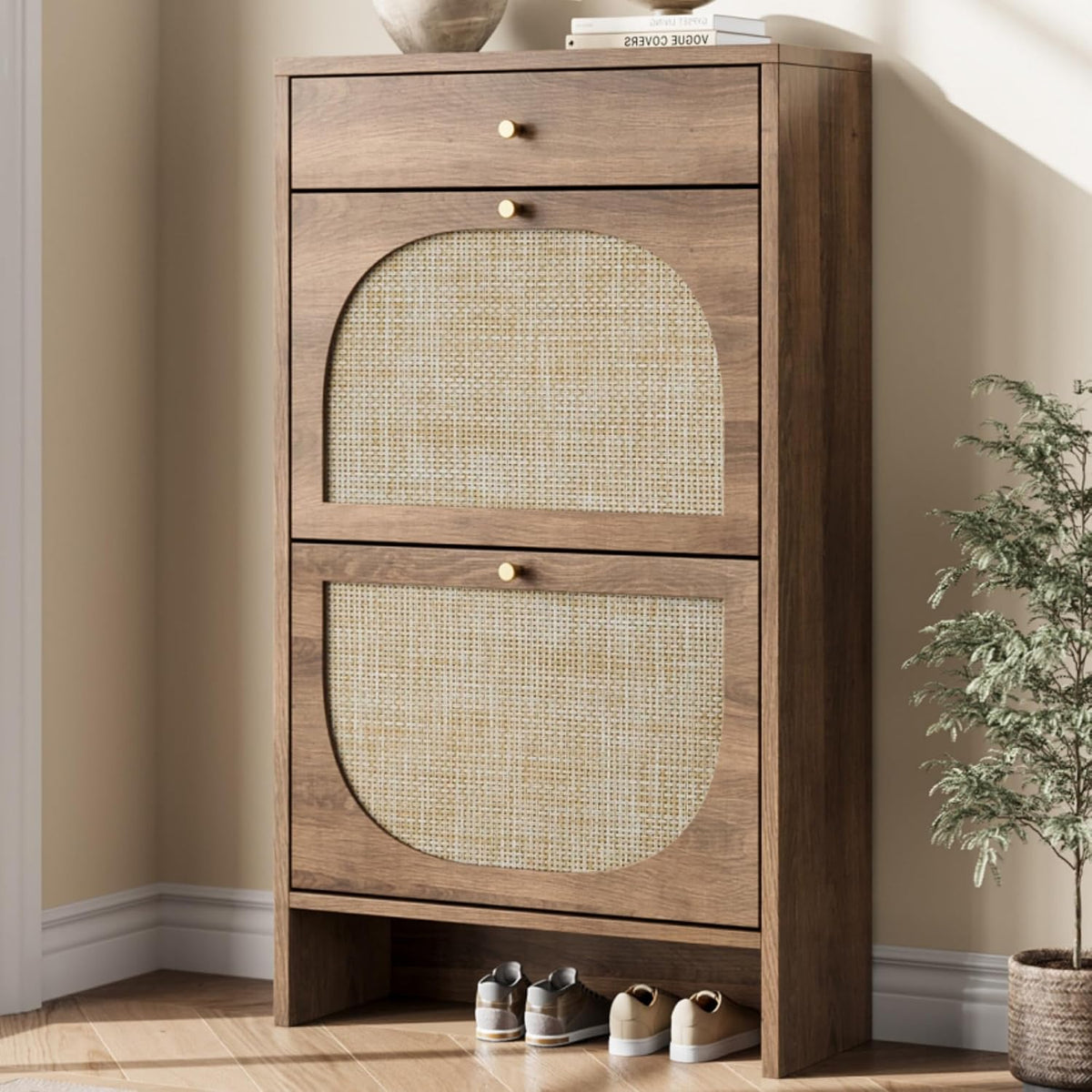 Tall slim cabinet with a small top drawer and two arched cane-front flip drawers beside a potted plant.