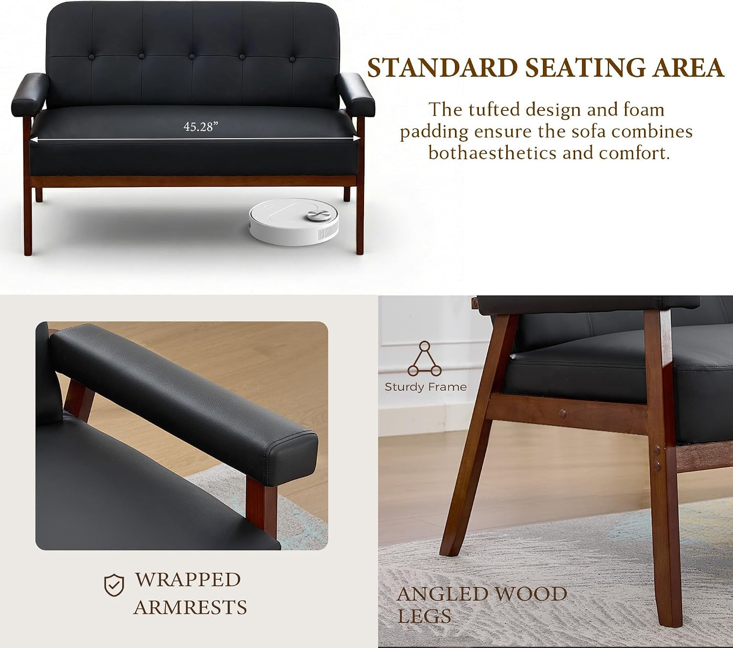 Close-up collage showing wrapped padded armrest and angled walnut-colored wood leg details on the loveseat