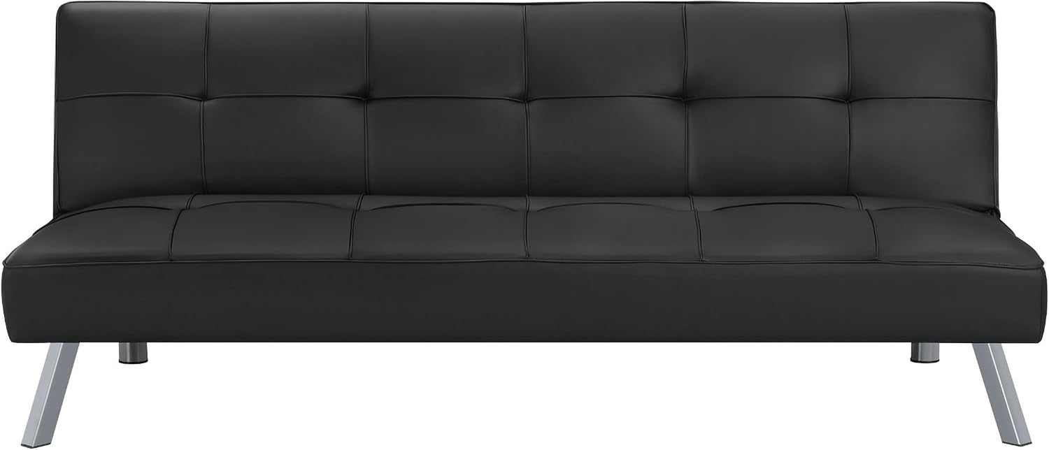 Front-facing view of the black tufted futon sofa bed highlighting stitched tufting and chrome legs