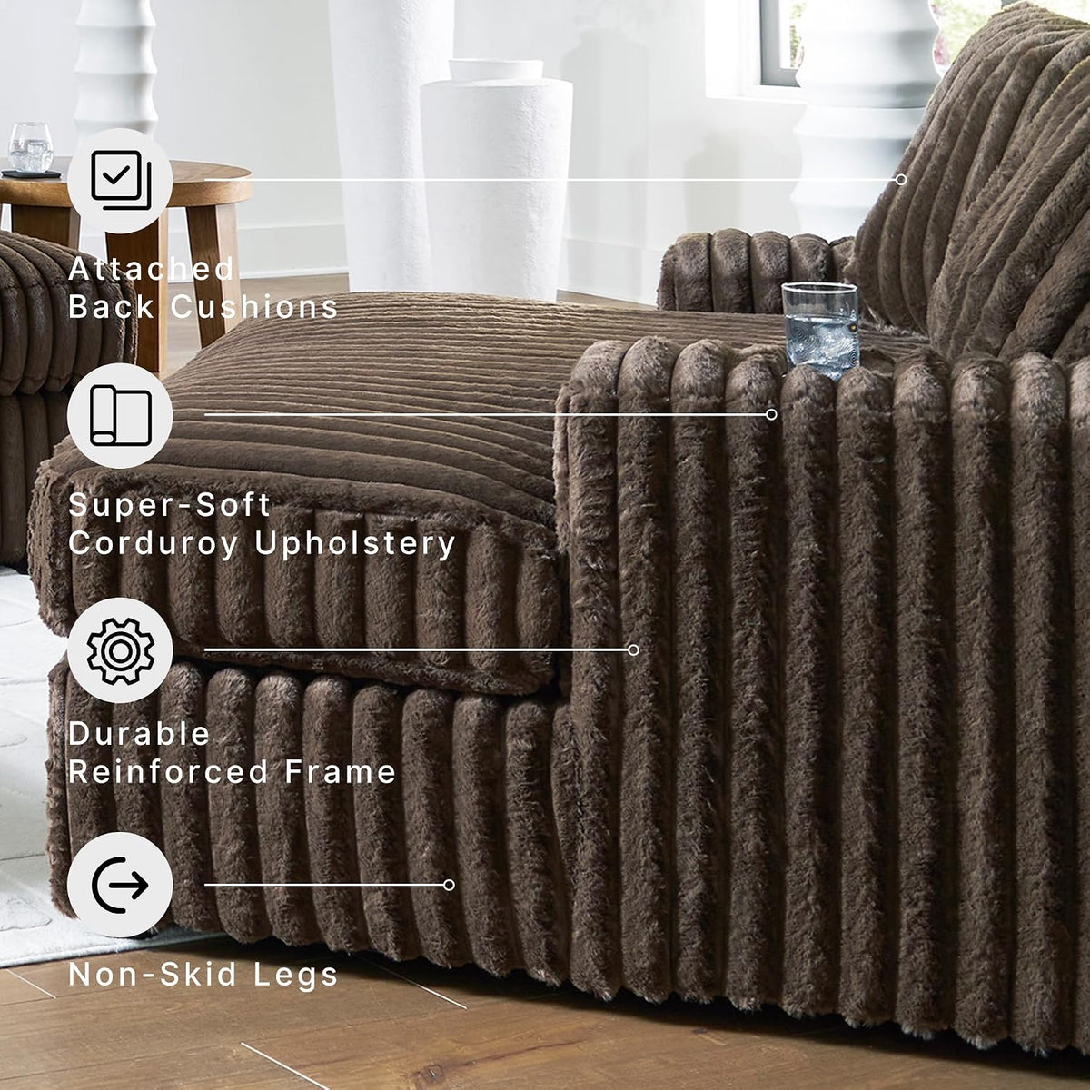 Close-up of chaise arm and seat showing jumbo corduroy texture, cup holder, non-skid leg and feature label overlays