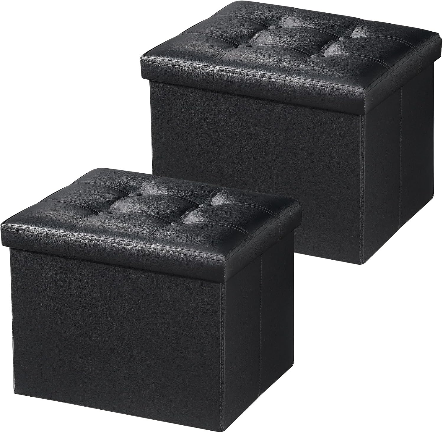 Two black tufted faux-leather storage ottomans shown at angled view, lids closed.