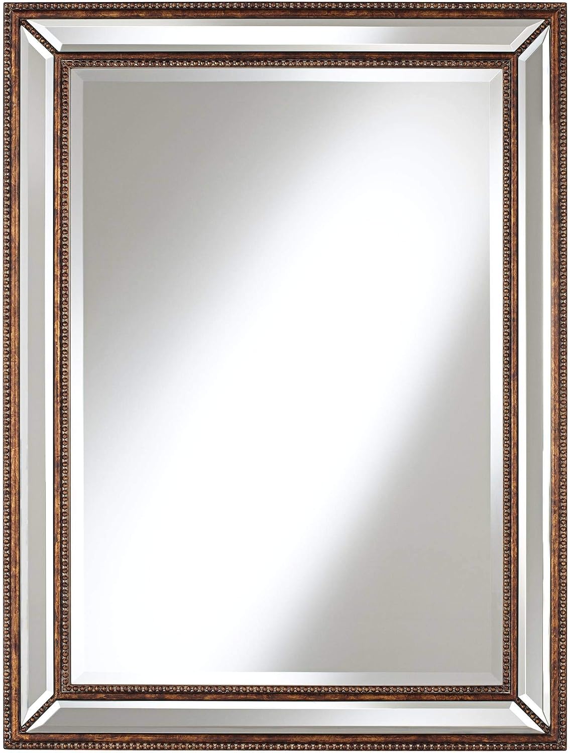 Front view of the rectangular mirror showing wide mirrored border and decorative beaded trim in a bronze finish